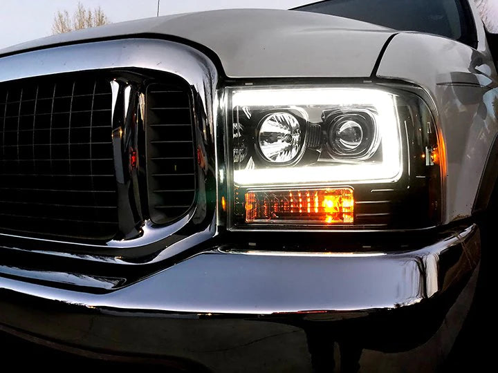 2005-2007 Ford Super Duty Projector Headlights with OLED Halos & DRL - Smoked/Black Lens for Enhanced Night Visibility & Off-Road Style