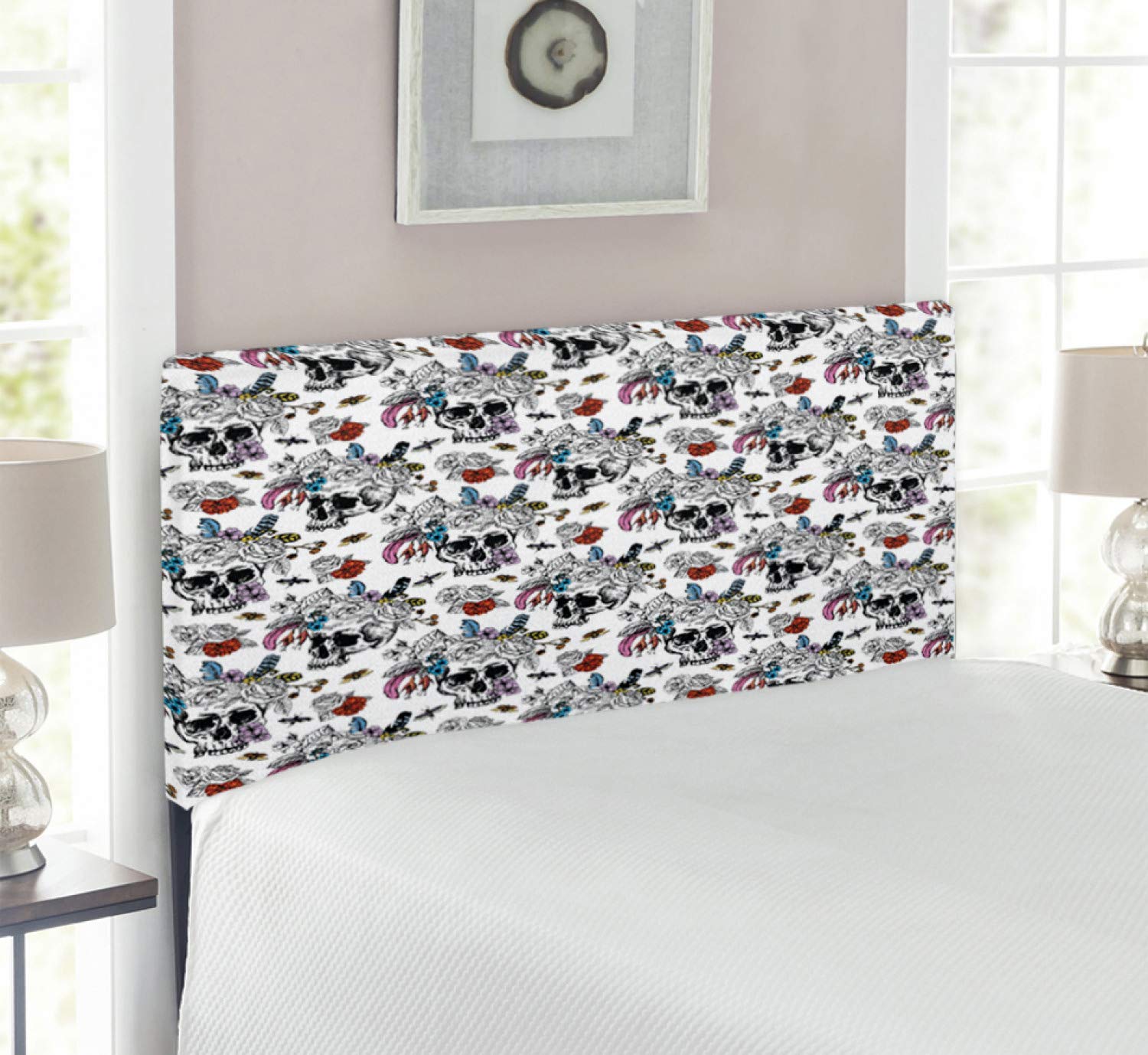 Ambesonne Day of The Dead Headboard - Vintage Sugar Skull Floral & Bees Print Upholstered Metal Bed Headboard with Memory Foam, Twin Size, Multicolor - Perfect for Gothic, Boho & Retro Bedroom Decor