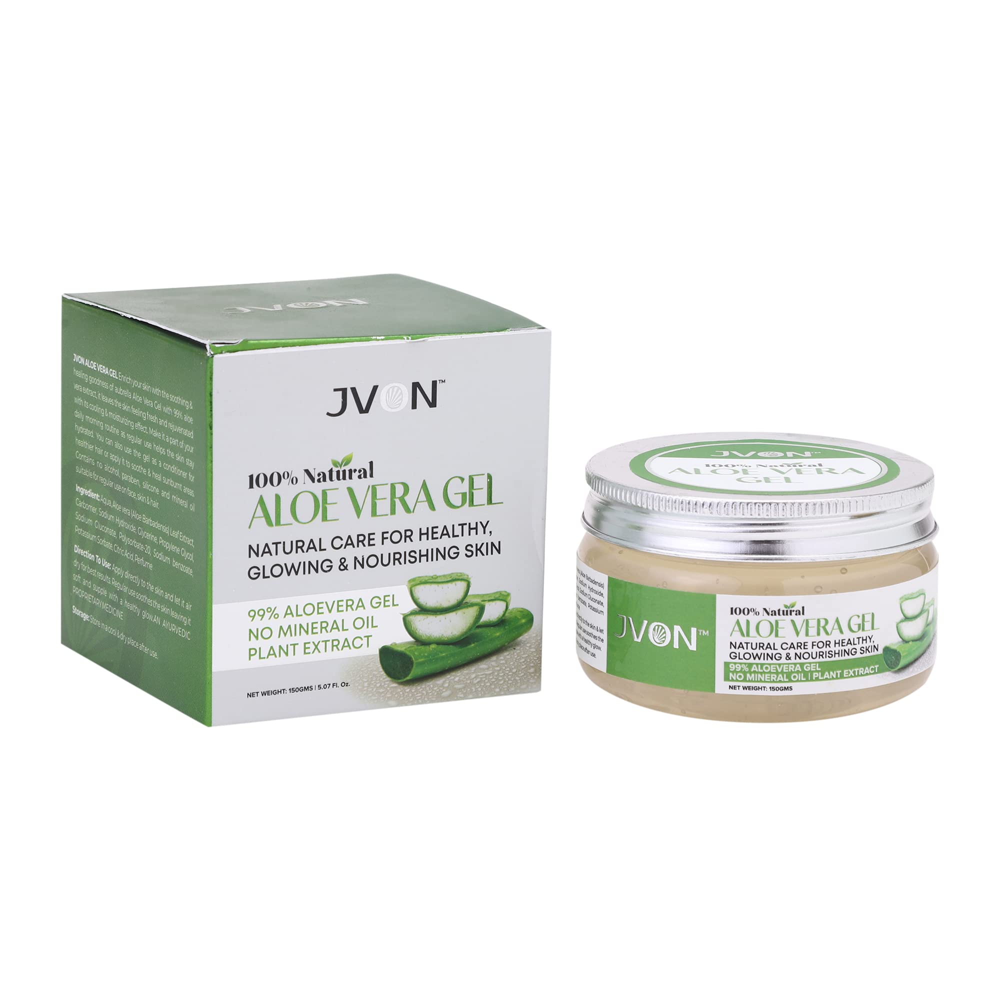 JVON Pure Aloe Vera Gel for Face - 150g | Natural Skin Care for Healthy, Glowing & Nourished Skin | Hydrating Moisturizer for Sunburn, Acne & Dry Skin Relief | Perfect for Daily Face & Body Use