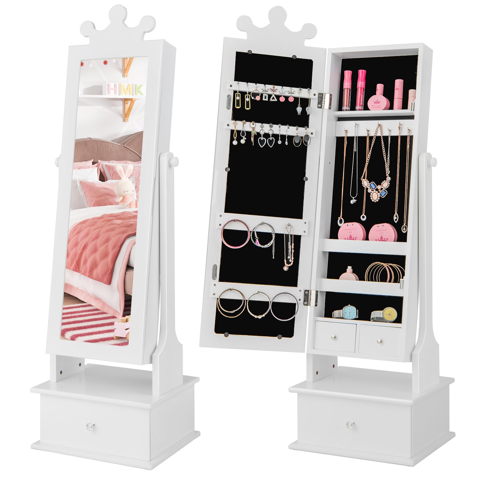 Costzon Kids Jewelry Armoire with Mirror & Drawers - White Vanity Organizer for Girls' Room