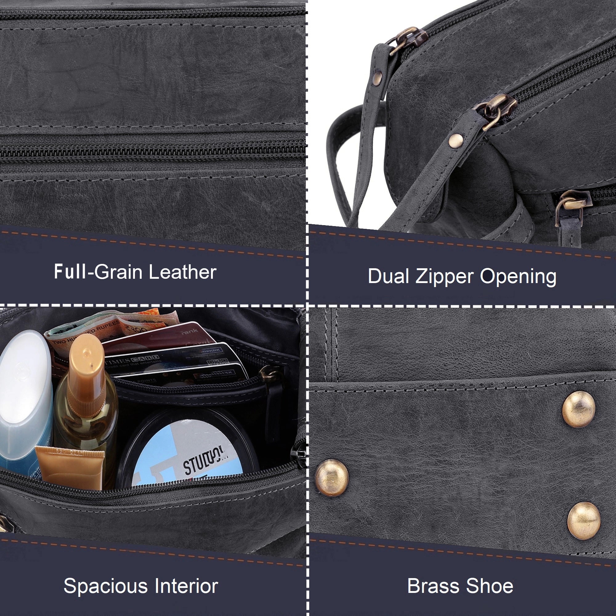 Premium Leather Travel Toiletry Bag for Men & Women - Waterproof Grey Cosmetic Organizer - Perfect for Vacation, Business Trips & Gym Essentials Storage