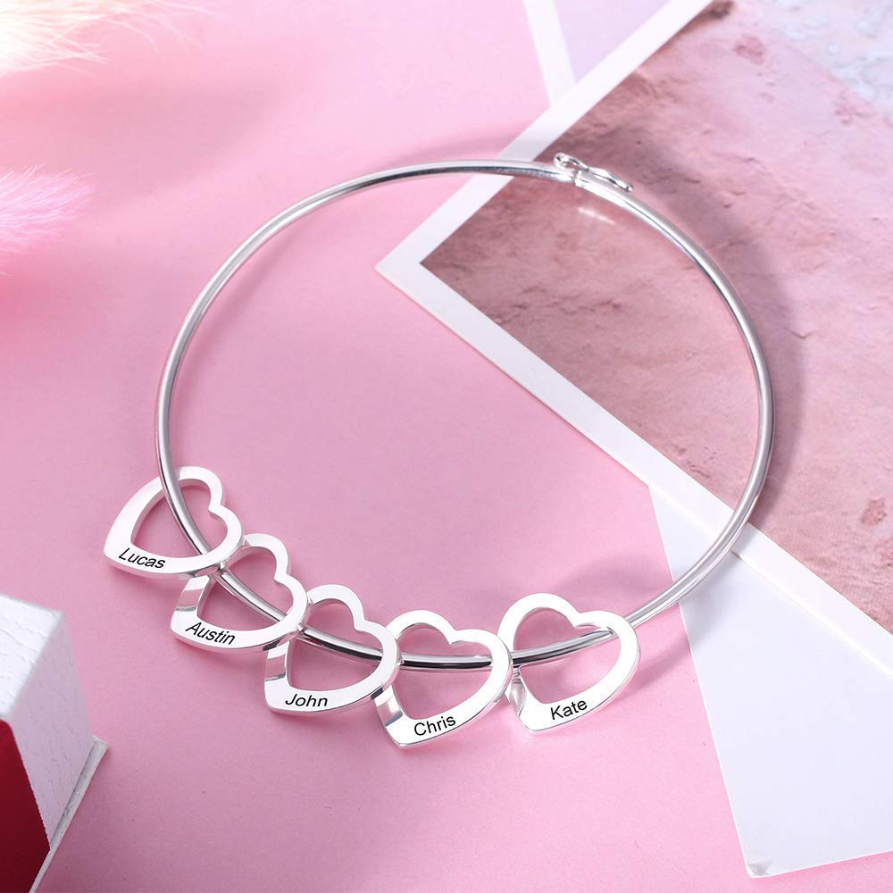 Personalized Inspirational Women's Bracelet with Heart Charms & Engraved Names - Mother Daughter Jewelry Gift for Birthday, Anniversary & Special Occasions