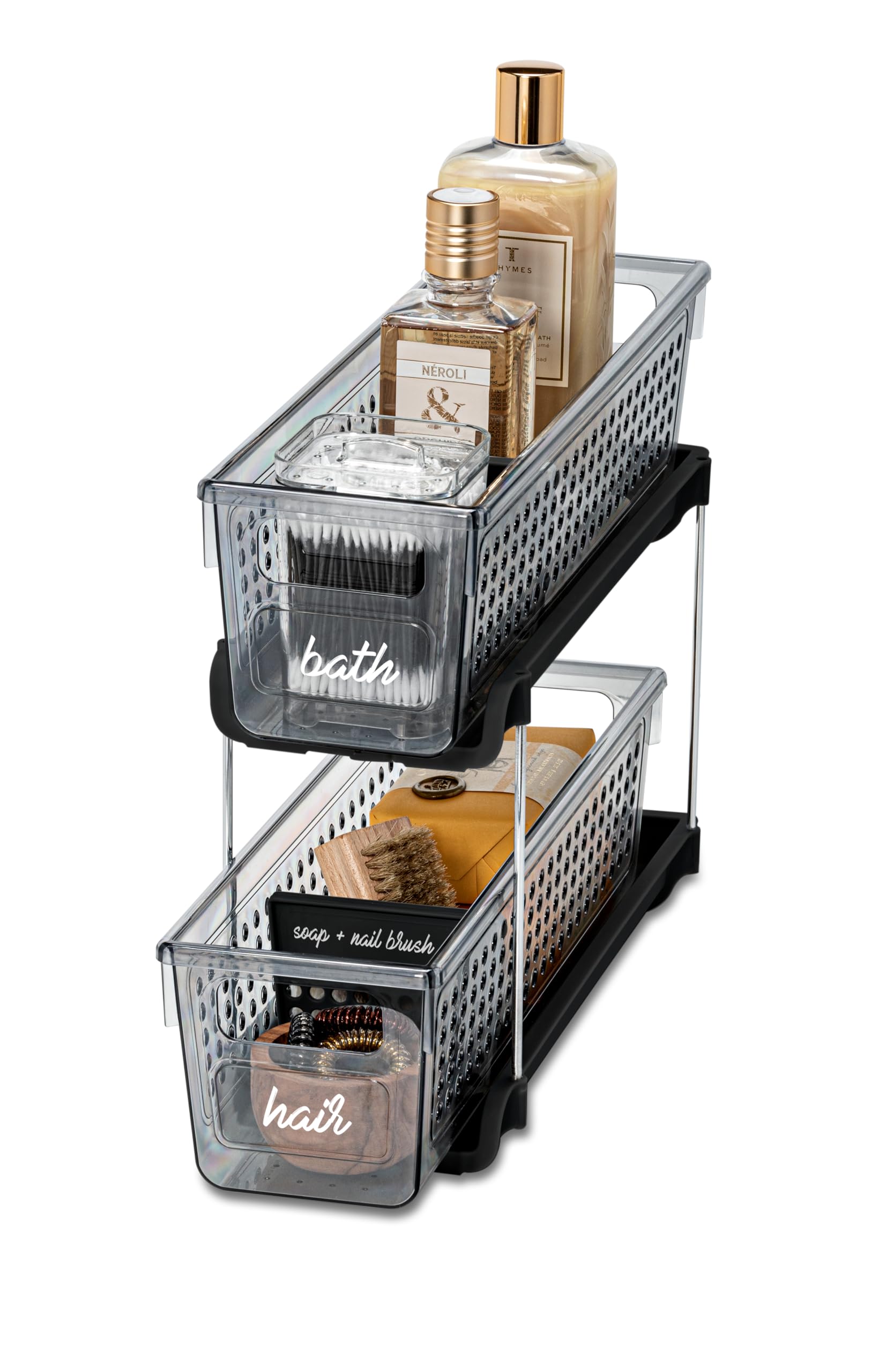 Madesmart Mini 2-Tier Plastic Storage Organizer with Slide-Out Bins - Space Saving Under Sink & Cabinet Organizer for Kitchen, Bathroom, Office - Carbon Black