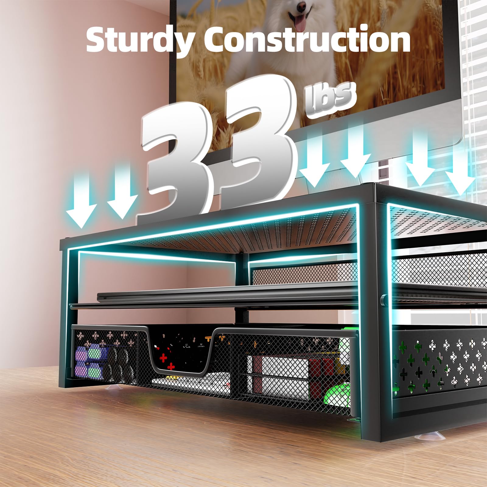 Simple Trending Metal Monitor Stand Riser with Drawer - Black Computer Desk Organizer for Laptop, iMac, and PC - Perfect for Home Office and Gaming Setup
