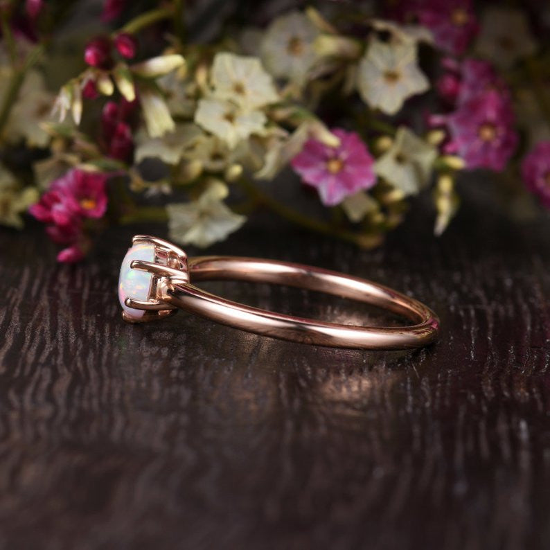 5mm Opal Engagement Ring - Lab-Created Solitaire Rose Gold, 6-Prong Birthstone Stacking Ring | Minimalist Wedding Band, Anniversary Gift for Her, Perfect for Everyday Wear & Special Occasions