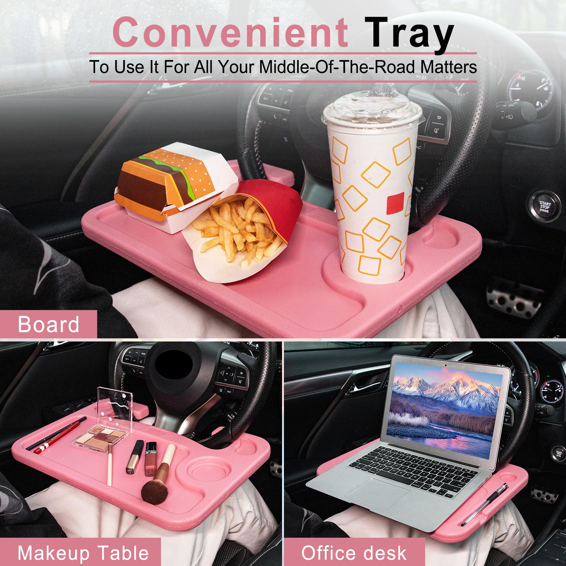 JUSTTOP Pink Car Steering Wheel Desk Tray - Portable Travel Car Accessory, Multipurpose Stand for Eating, Working & Laptop Use - Perfect for Road Trips & Commuting