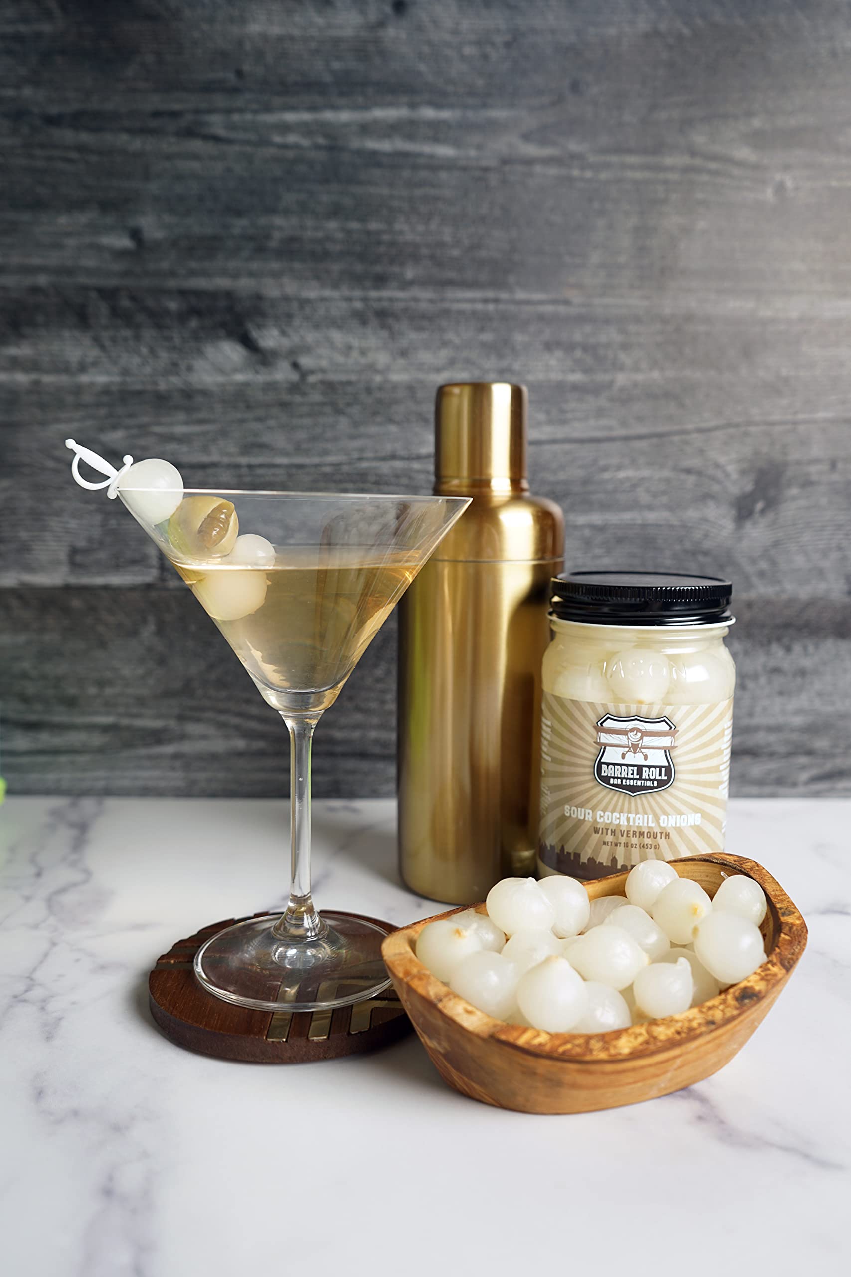 Barrel Roll Bar Essentials Cocktail Onions - Classic Sour Silver Skin Pickled Onions in Vermouth & Salty Vinegar - Perfect for Gibson & Bloody Mary Cocktails - Gourmet Drink Garnish - 16oz - Ideal for Home Bars, Cocktail Parties & Upscale Mixology