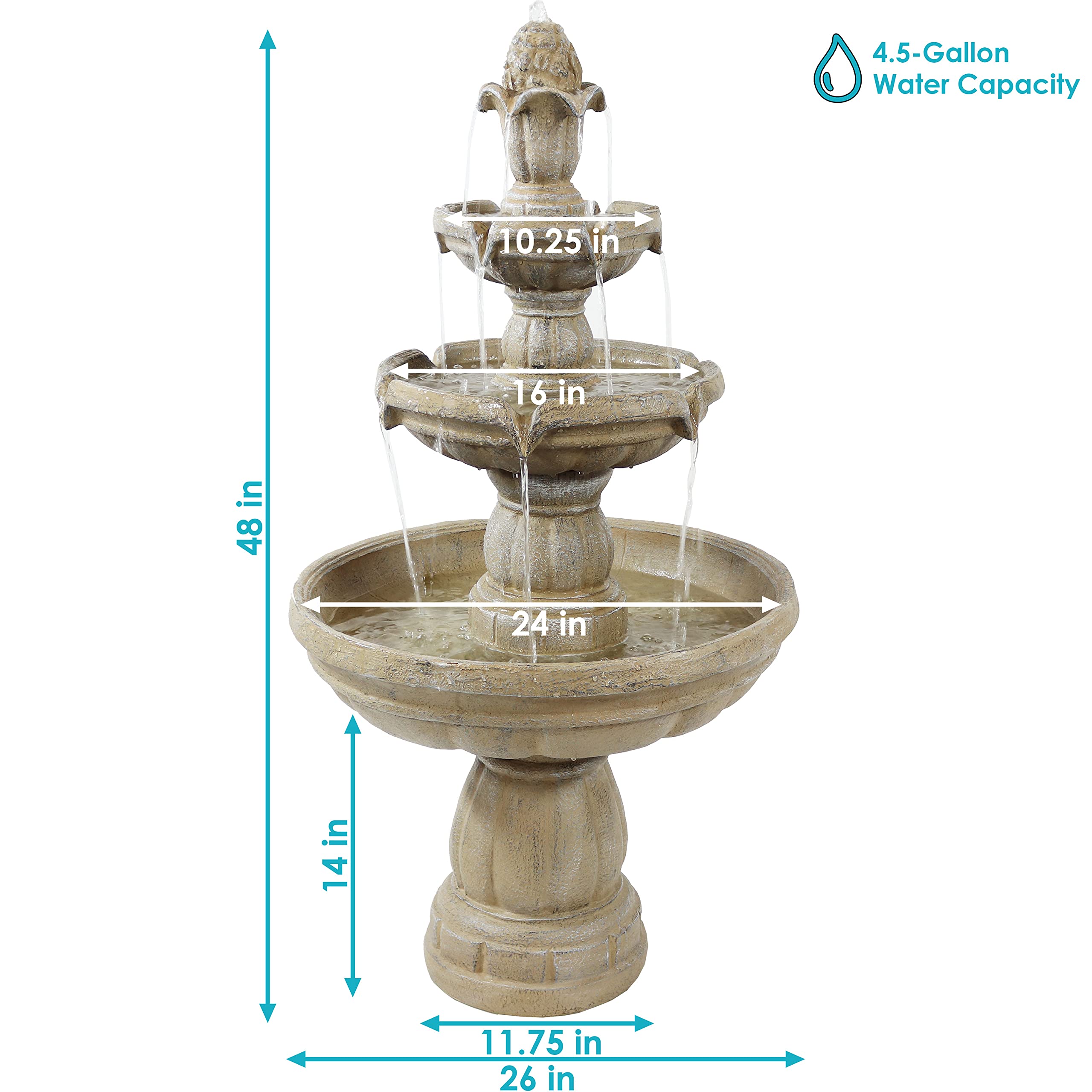 48-Inch 3-Tier Electric Outdoor Water Fountain by Sunnydaze - Relaxing Garden Water Feature for Patio, Yard, Deck or Backyard - Perfect for Meditation, Stress Relief & Home Decor