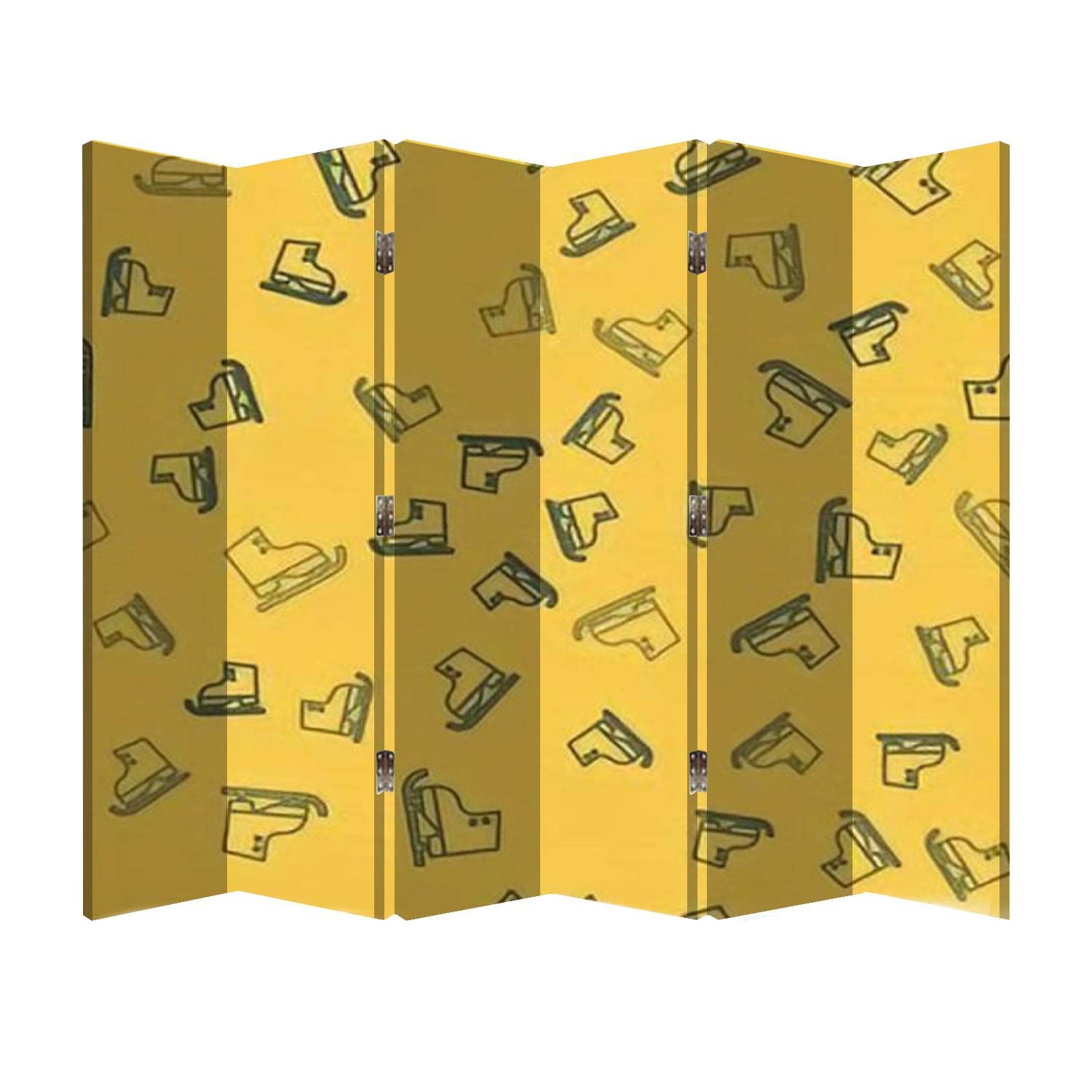 6 Panel Wooden Folding Room Divider Screen - Blue Line Figure Skates Design on Yellow Background, Office Privacy Partition & Wall Decor for Home, Bedroom, and Studio Spaces