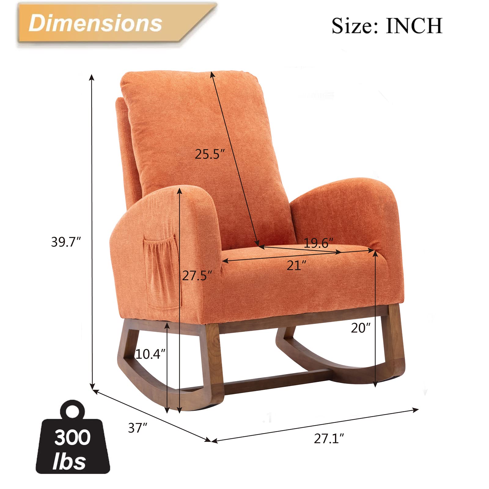 SSLine Upholstered Rocking Chair - Modern Fabric Rocking Armchair with Comfortable Cushion for Nursery, Living Room, Bedroom, Study & Office - Perfect for Relaxation, Nursing & Reading (Orange)