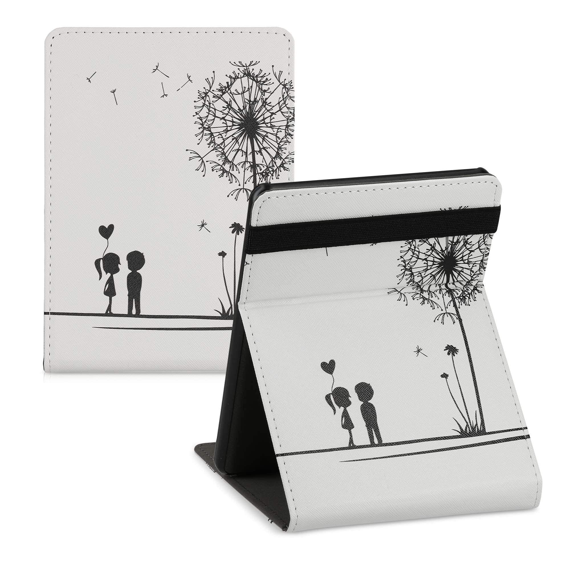 kwmobile Protective Case Cover for Amazon Kindle Paperwhite 11th Generation (2021 Model) - Stand & Hand Strap - Dandelion Love Black/White Design - Perfect for Reading, Travel, and Daily Use
