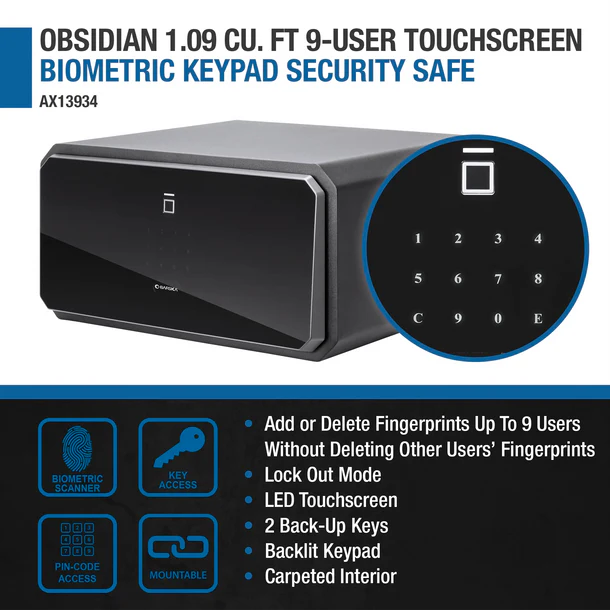 Barska AX13934 Obsidian 9 Biometric Fingerprint Safe with Touchscreen Keypad - Secure Handgun, Jewelry & Valuables for Home or Office Use