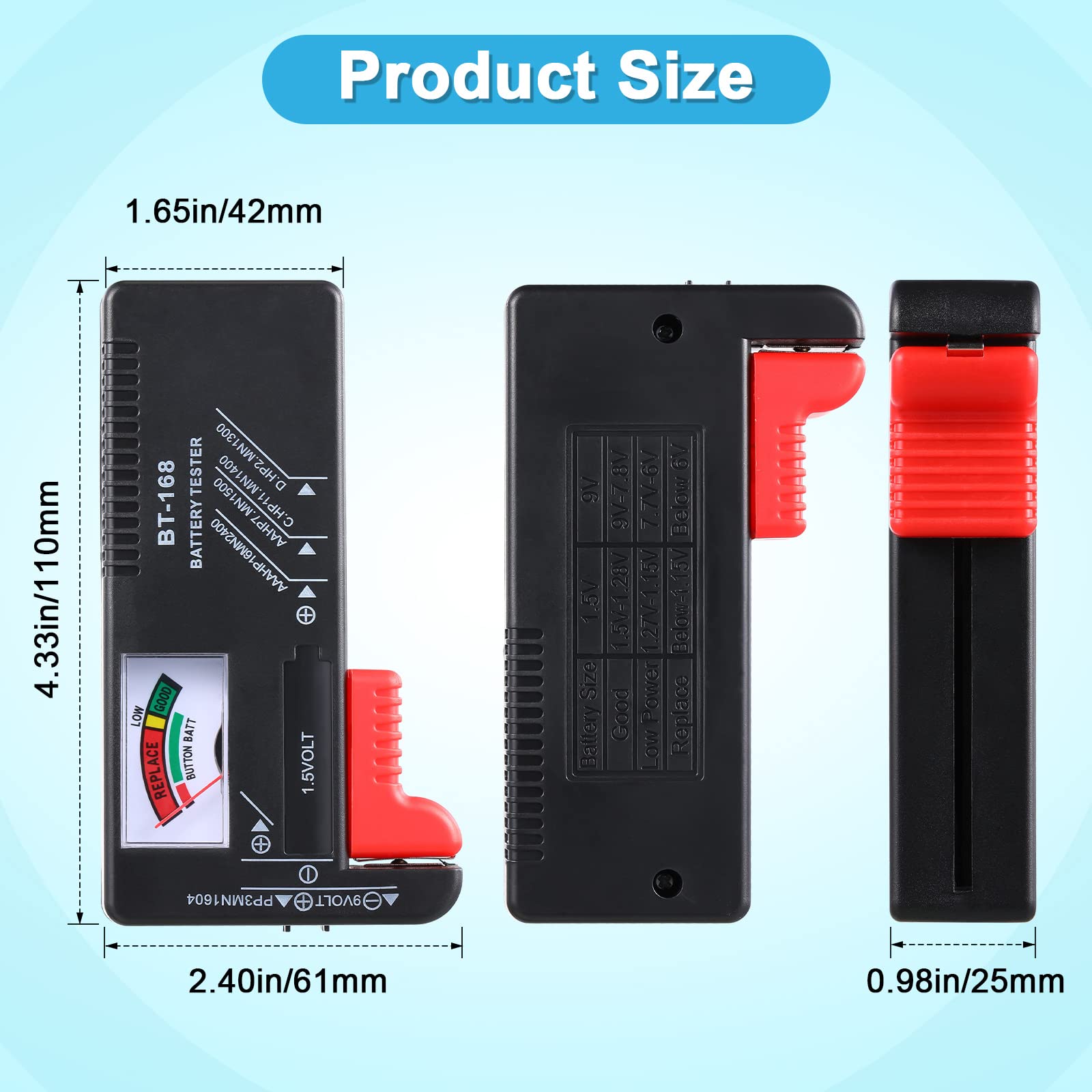 2 Pack Universal Battery Tester - Voltage Checker for AA AAA C D 9V 1.5V & Button Cell Batteries | Home, Office, Travel & Emergency Use