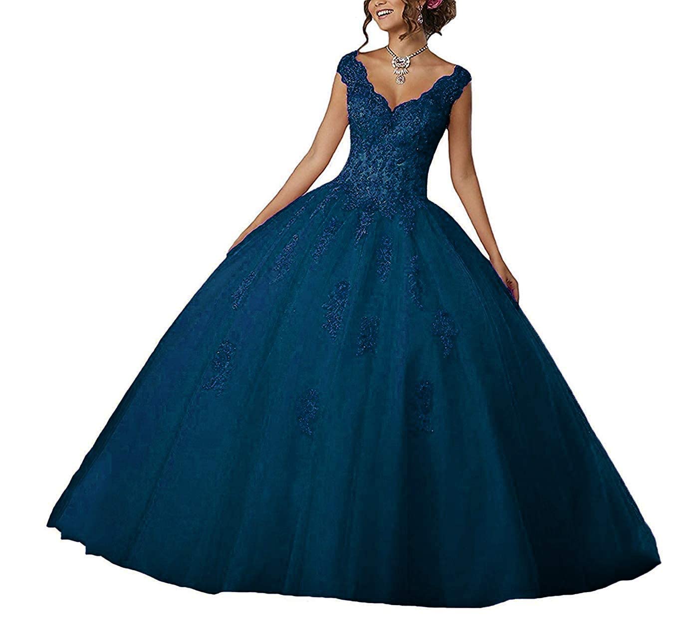 Natasha Girls V-Neck Beaded Lace Quinceañera Dress | Sweet 16 Applique Prom Ball Gown 014 | Perfect for Quinceañeras, Sweet 16 Parties, Prom Nights & Formal Events