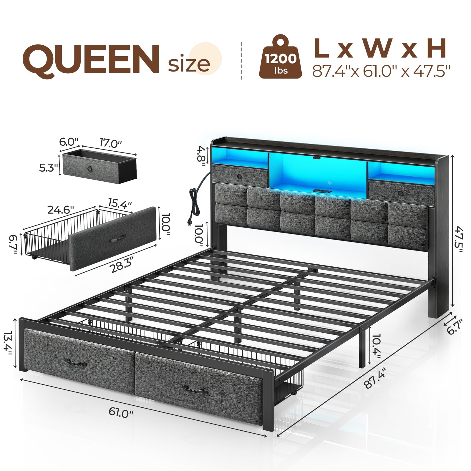 Rolanstar Queen Size Upholstered Platform Bed Frame with Storage Drawers, USB Charging Station & LED Headboard - Heavy Duty Metal Frame, No Box Spring Needed, Noise Free, Grey - Perfect for Modern Bedrooms, Guest Rooms & Small Spaces