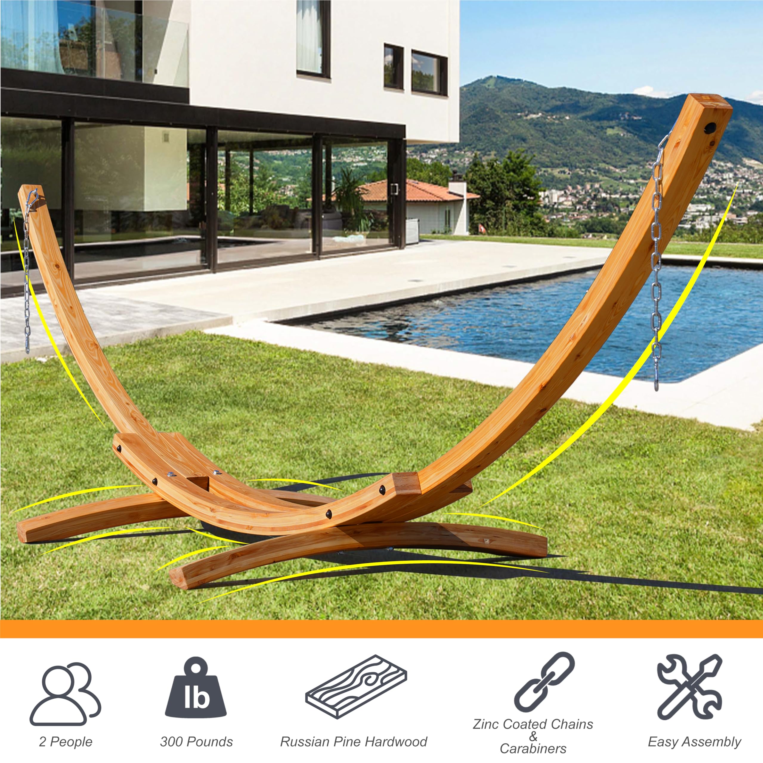 13 FT Outdoor Arc Wood Hammock Stand for 2 Persons - Russian Pine Hardwood with Carabiners & Chains - 500lb Capacity - Perfect for Patio, Garden, Yard & Poolside Relaxation - Natural Finish