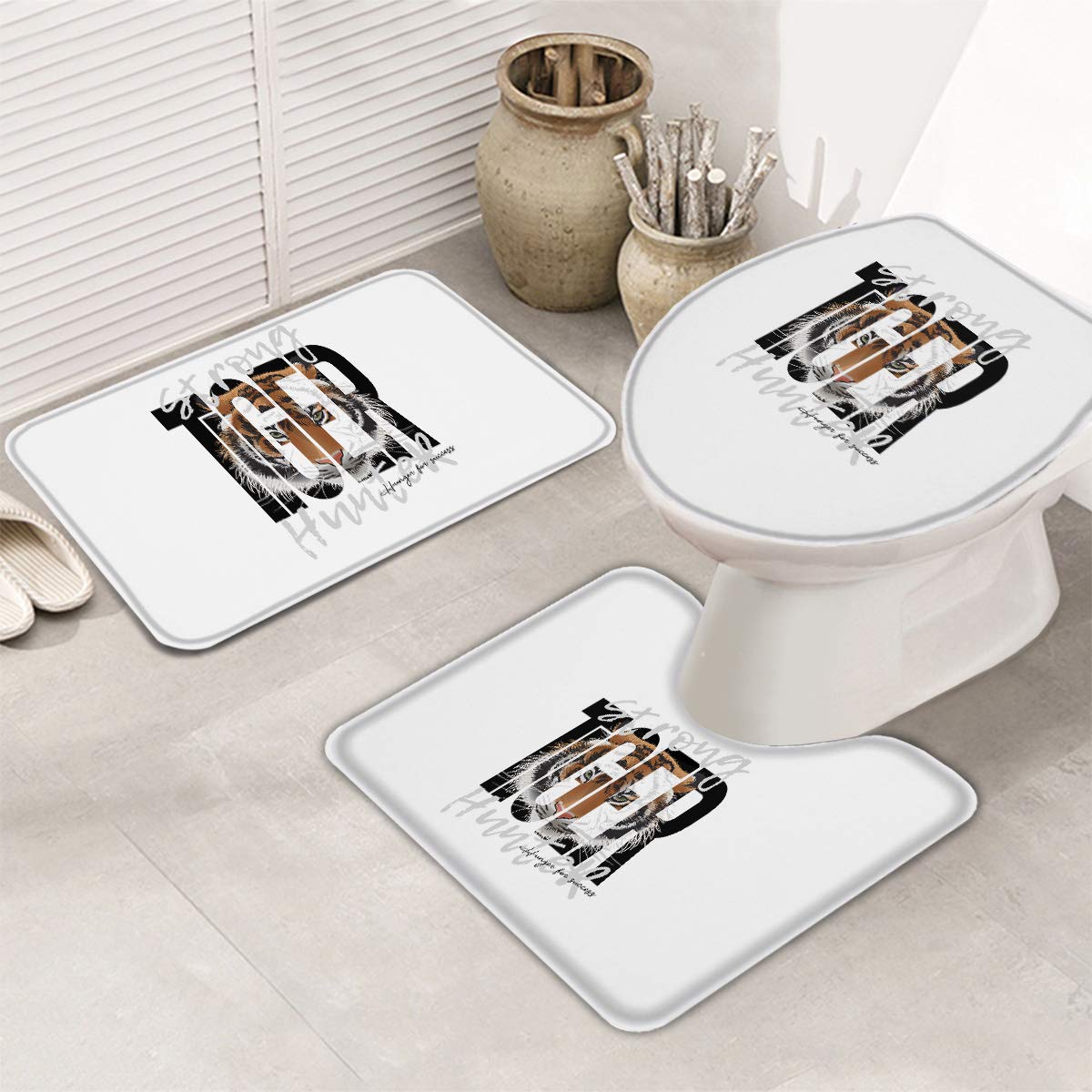 Premium 3-Piece Bathroom Rug Set - Non-Slip Tiger Design Bath Mat, U-Shaped Toilet Mat & Toilet Lid Cover - Super Absorbent, Machine Washable Bath Mats for Home & Bathroom Safety - Perfect for Kids' Rooms, Guest Bathrooms & Pet-Friendly Homes