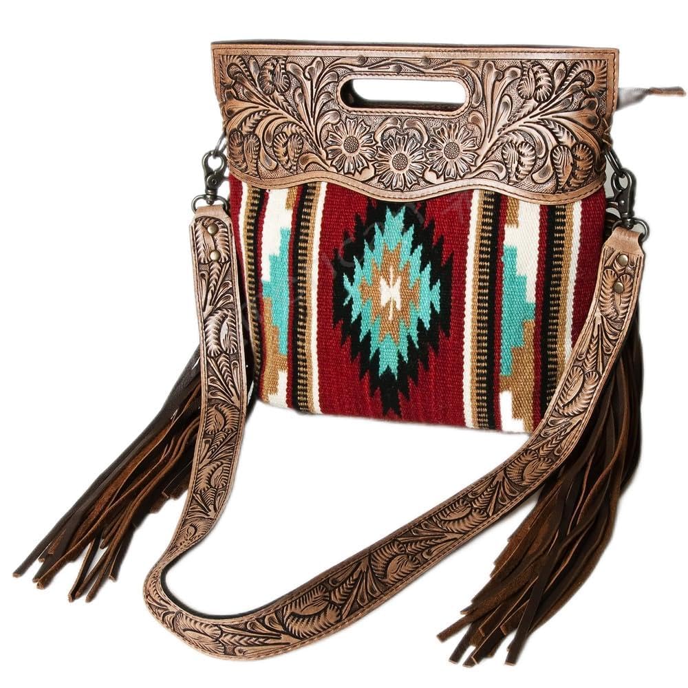 Genuine Leather Western Tote Bag for Women - American Darling Saddle Blanket Design Handbag Purse | 12x16x5 inches | Western Style, Travel, College & Casual Use | Perfect for Rodeo, Cowgirl Fashion & Everyday Carry