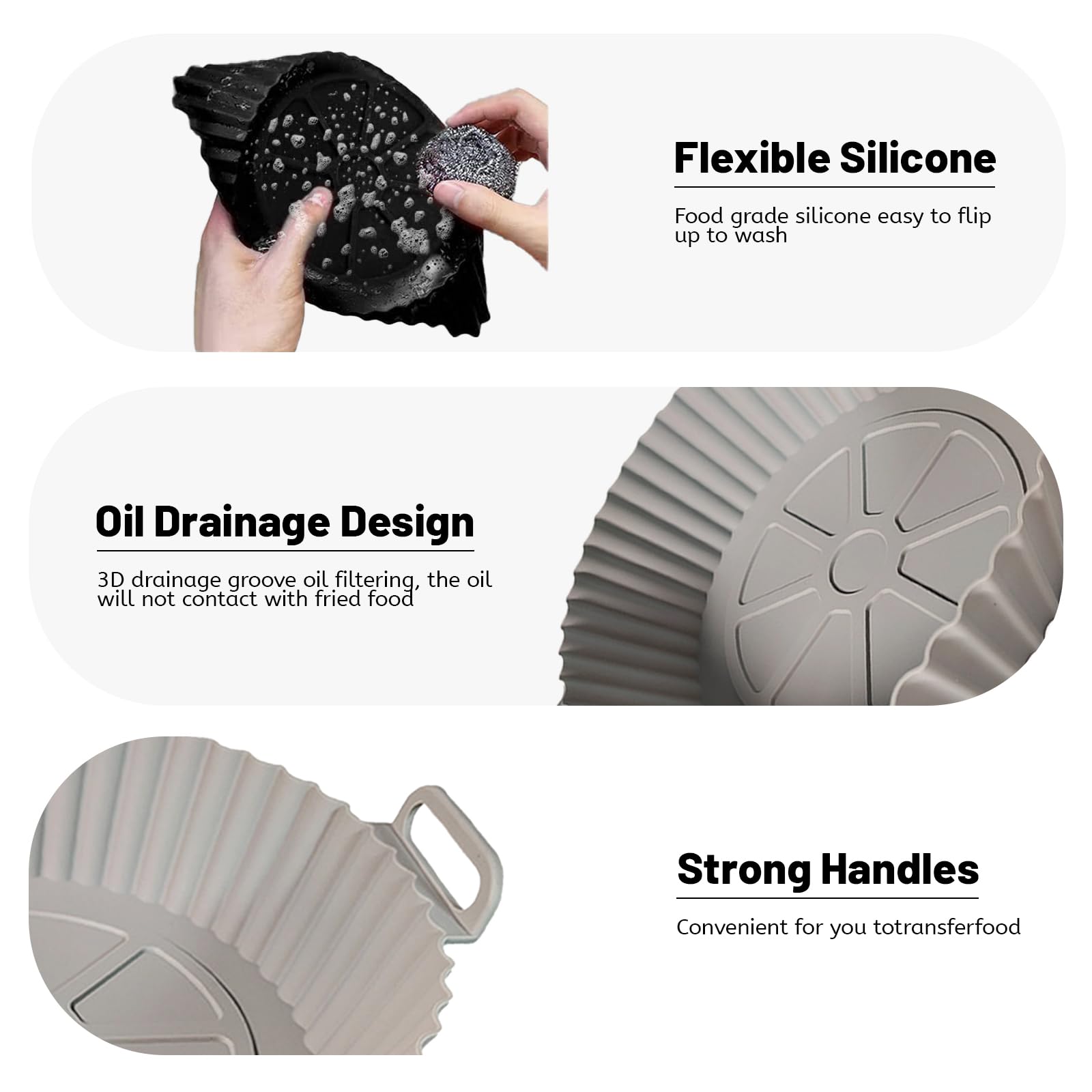 Kookkit 2 Pack Reusable Silicone Air Fryer Liners for 3-5 QT - Non-Stick Oven & Microwave Safe Accessories (7.87x6.69x1.97 Inches, Gray & Black) - Perfect for Healthy Cooking, Baking, and Meal Prep