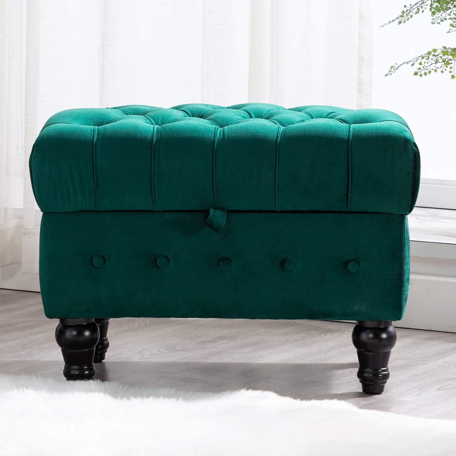 Artechworks Velvet Button Tufted Storage Ottoman - Green Upholstered Footstool with Hidden Storage for Living Room, Bedroom & Home Office | Multi-Functional Coffee Table Stool, Toy Box & Space-Saving Furniture | Perfect for Small Spaces, Reading Nooks & Nursery Organization