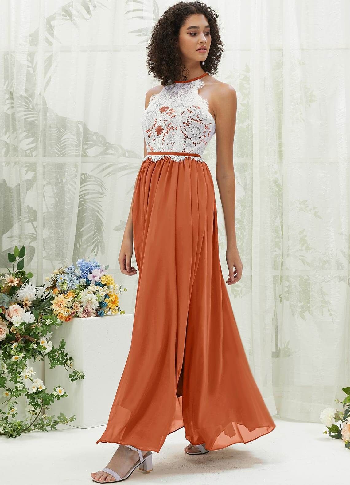 Elegant Burnt Orange Lace Halter Neck Backless Chiffon Slit Bridesmaid Dress - Perfect for Weddings, Parties & Formal Events