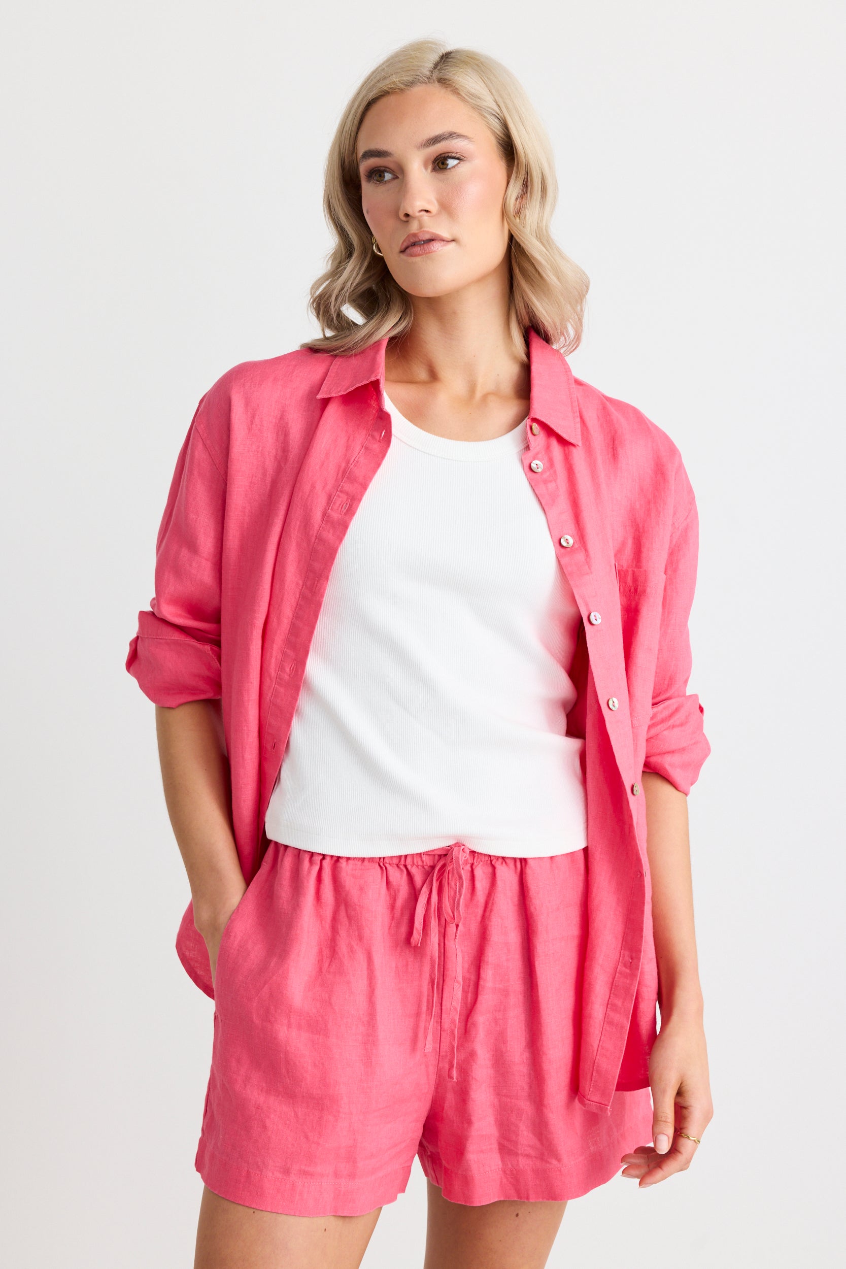 Drift Fuchsia Linen Pull On Shorts for Women - Comfortable Elastic Waist Summer Casual Shorts | Perfect for Beach, Vacation & Lounge Wear