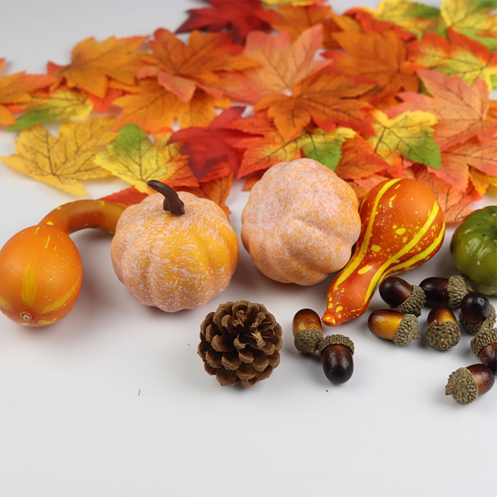 GARVEE 166Pcs Mini Foam Pumpkins Set - Realistic Artificial Fall Decor with Maple Leaves, Pine Cones & Acorns for Thanksgiving, Halloween, Autumn Table Centerpieces, Home and Party Decorations