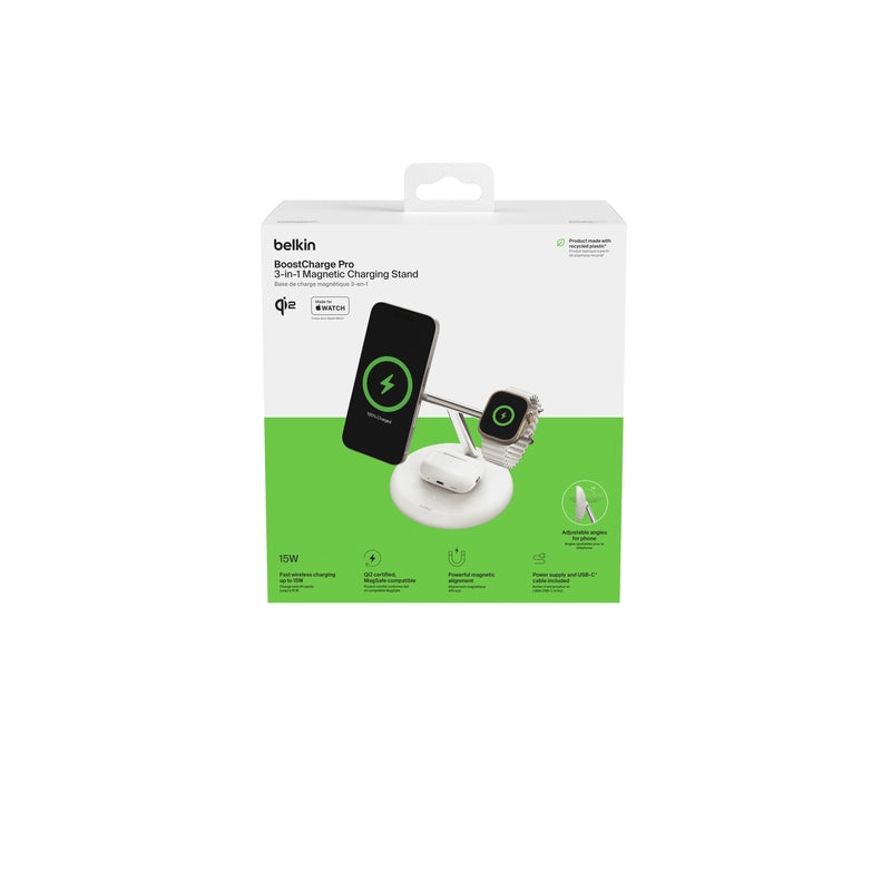 Belkin 3-in-1 Qi2 MagSafe Charging Base - Fast Wireless Charger for iPhone 15/14/13, AirPods & Apple Watch - Perfect for Home, Office & Travel