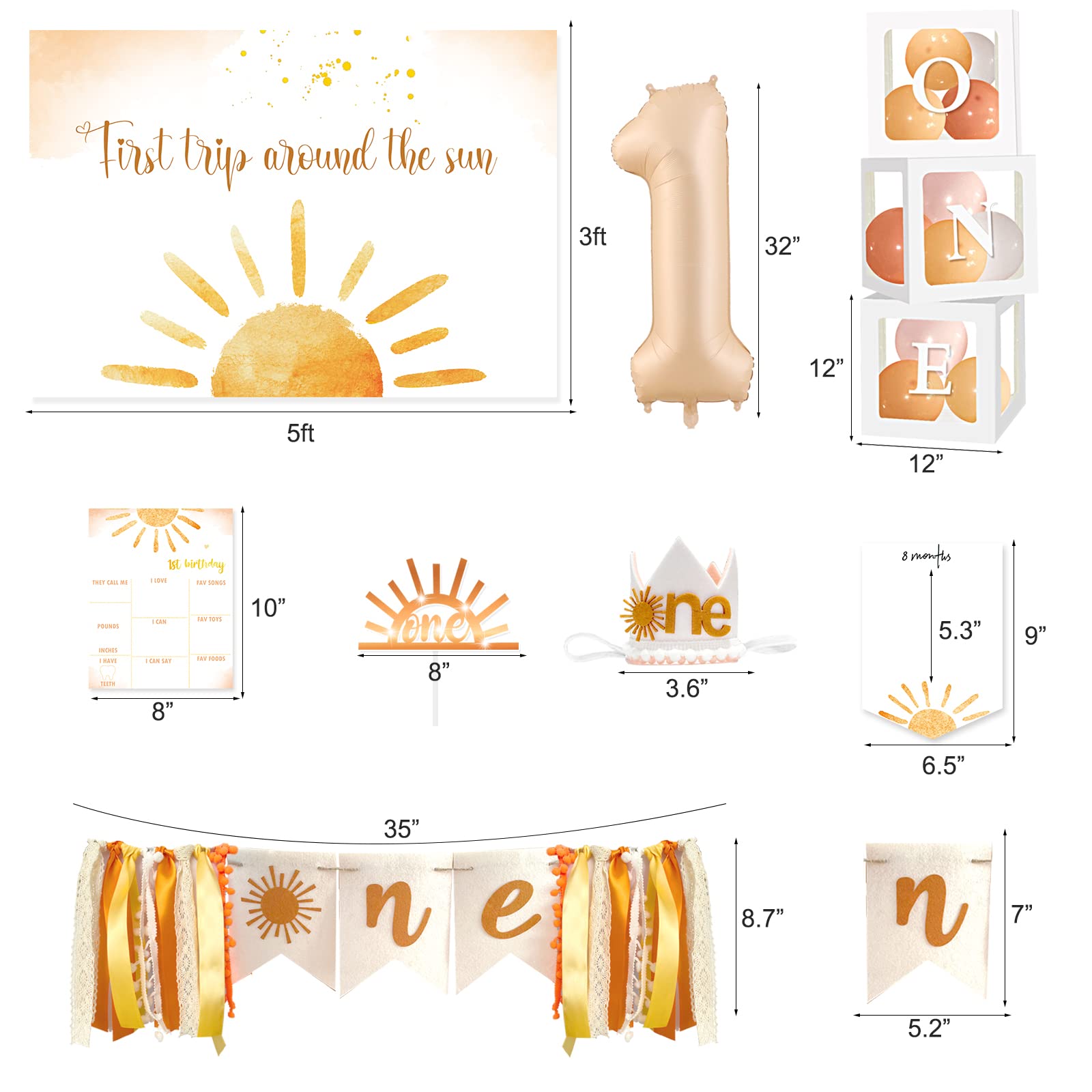 Boho Sun 1st Birthday Party Decorations Kit - First Trip Around The Sun Balloon Backdrop, Cake Topper & Party Supplies for Girls | Perfect for Baby's First Birthday, Photoshoot Background & Celebration Decor
