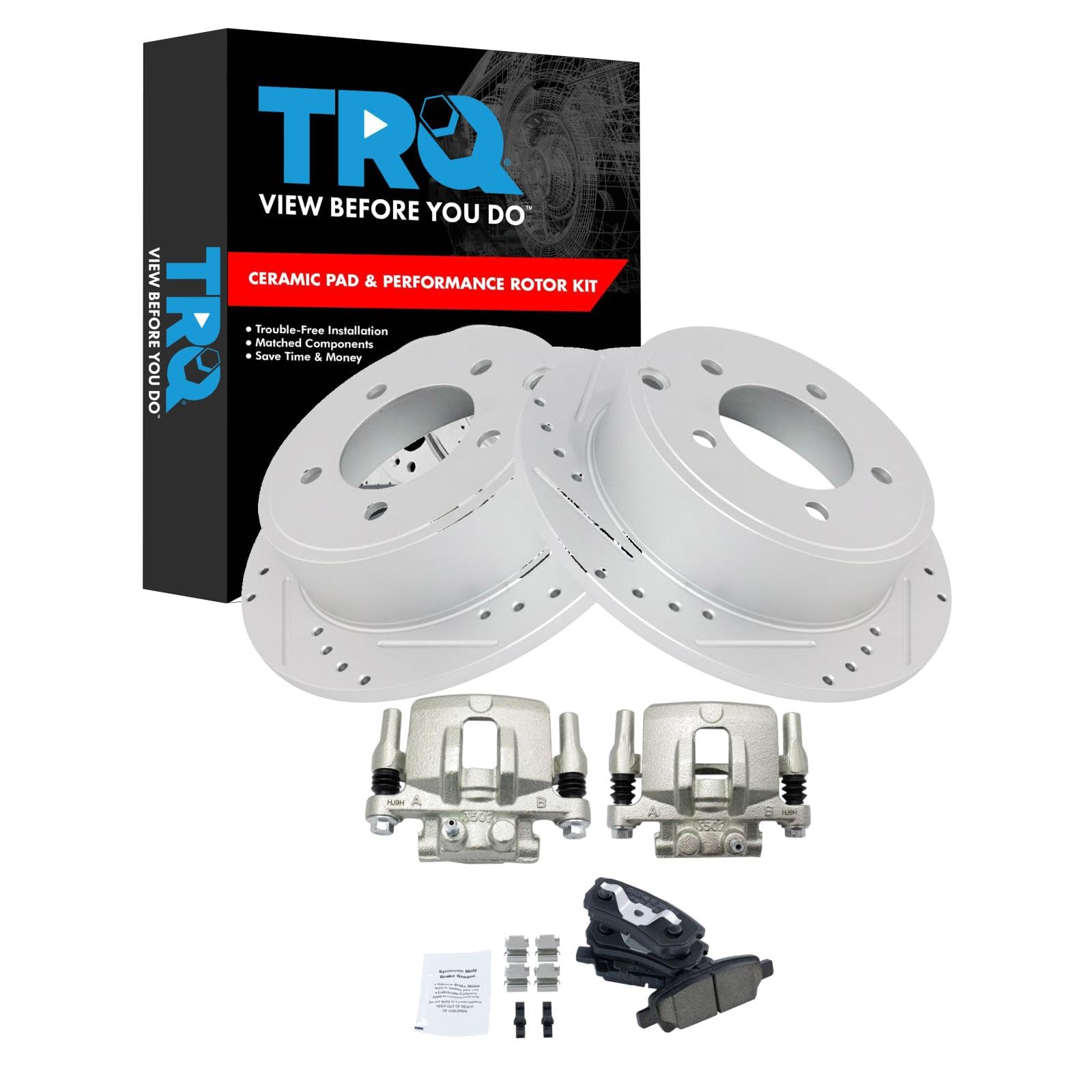 High-Performance TRQ Rear Ceramic Brake Pads, Rotors & Calipers Kit - Compatible with Chrysler, Dodge, Jeep, Mitsubishi Vehicles - Perfect for Off-Roading, Towing & Daily Driving