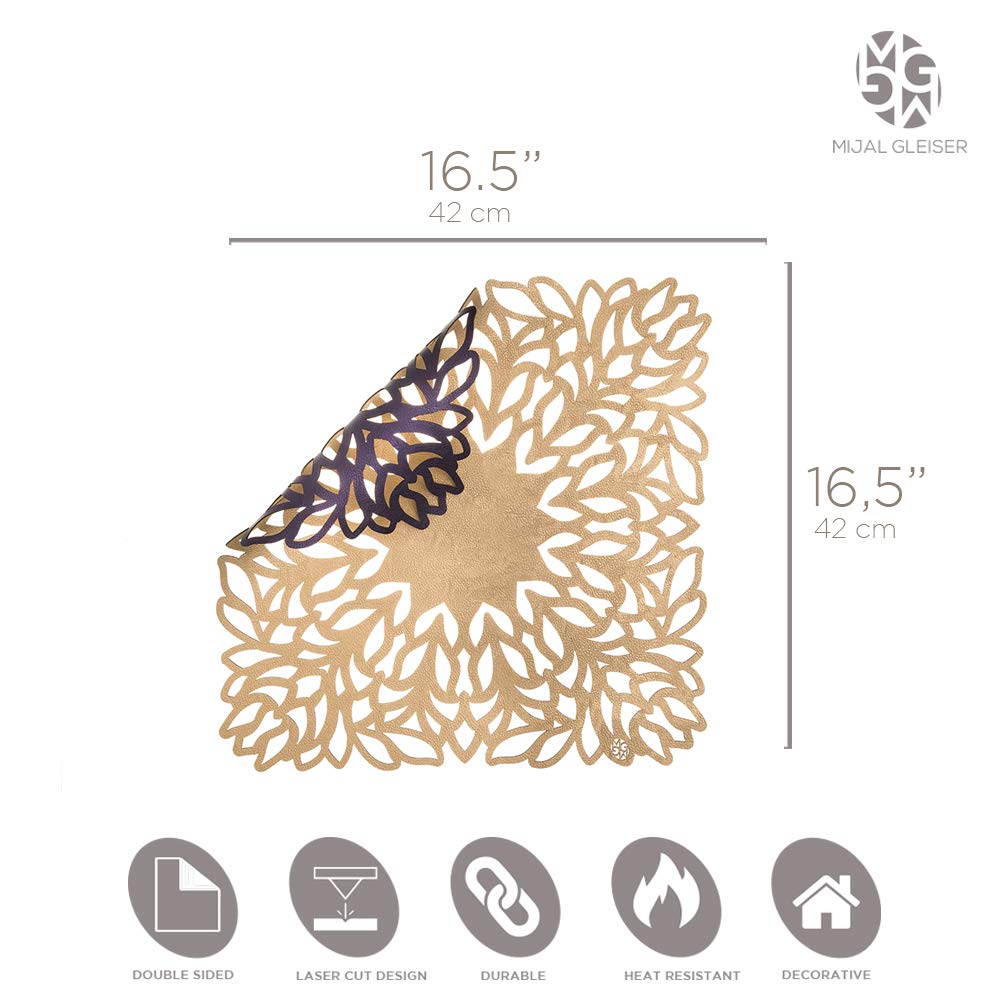 Mijal Gleiser Double Sided Placemats Set of 4 - Laser Cut Heat Resistant & Non Slip Table Mats - Stain Resistant Dining Table Decor (Sea Flower Collection Gold-Purple) - Perfect for Dinner Parties, Holiday Meals & Everyday Use