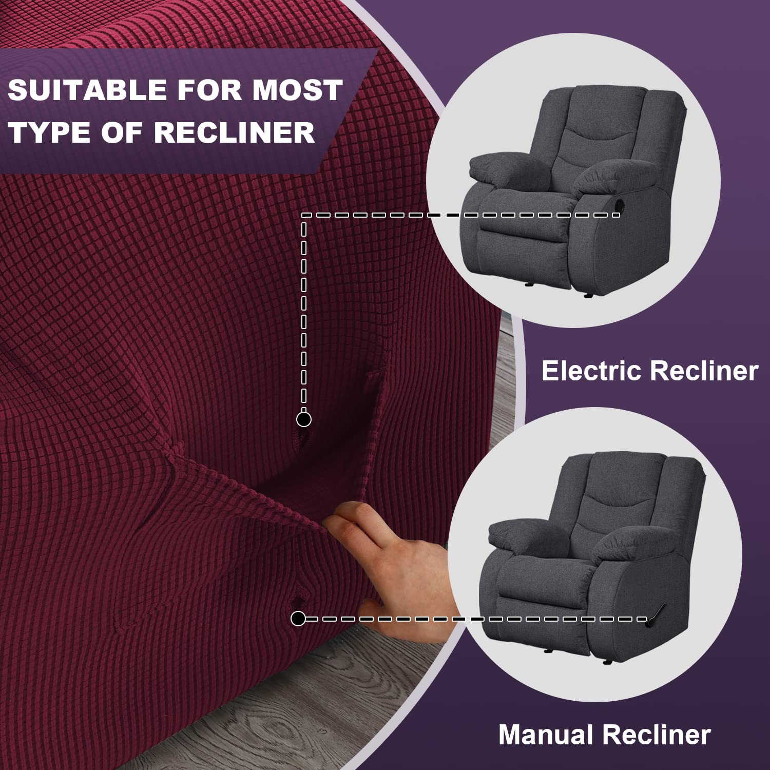 Stretch Recliner Chair Cover 1-Piece Sofa Slipcover with Elastic Bottom - Washable Furniture Protector, Non-Slip Couch Cover for Dogs & Pets - Fits Recliners (Wine Red) - Perfect for Living Room, Home Theater & Pet-Friendly Spaces
