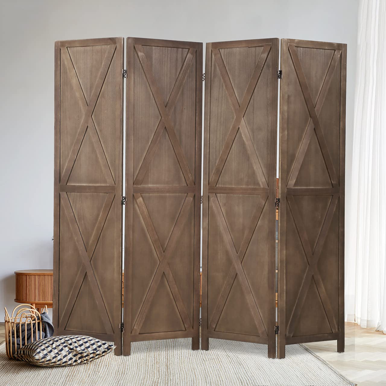 4 Panel Wooden Room Divider - Freestanding Folding Privacy Screen with X-Shape Frame | Temporary Wall Partition & Space Separator for Home Office, Bedroom, and Living Room | Brown Finish