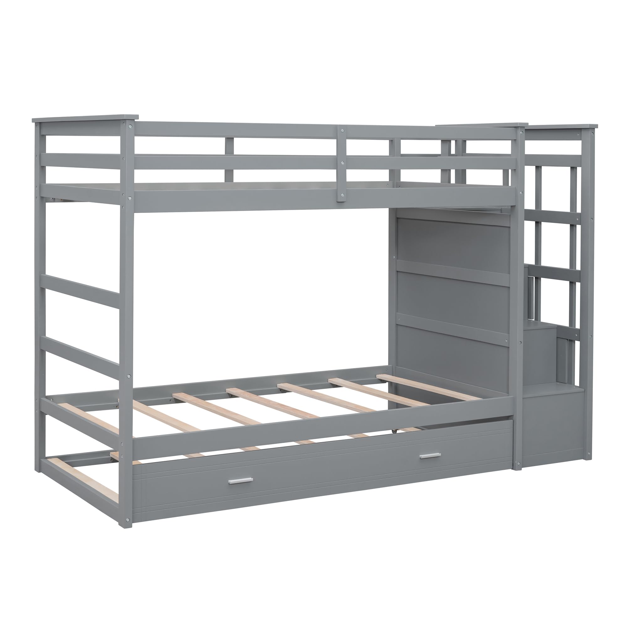Harper & Bright Designs Twin Over Twin Wooden Bunk Beds with Trundle & Storage Drawers - Staircase Bunk Bed Frame with High Safety Guardrail for Kids, Teens & Adults (Grey) - Perfect for Small Bedrooms, Guest Rooms & Vacation Homes