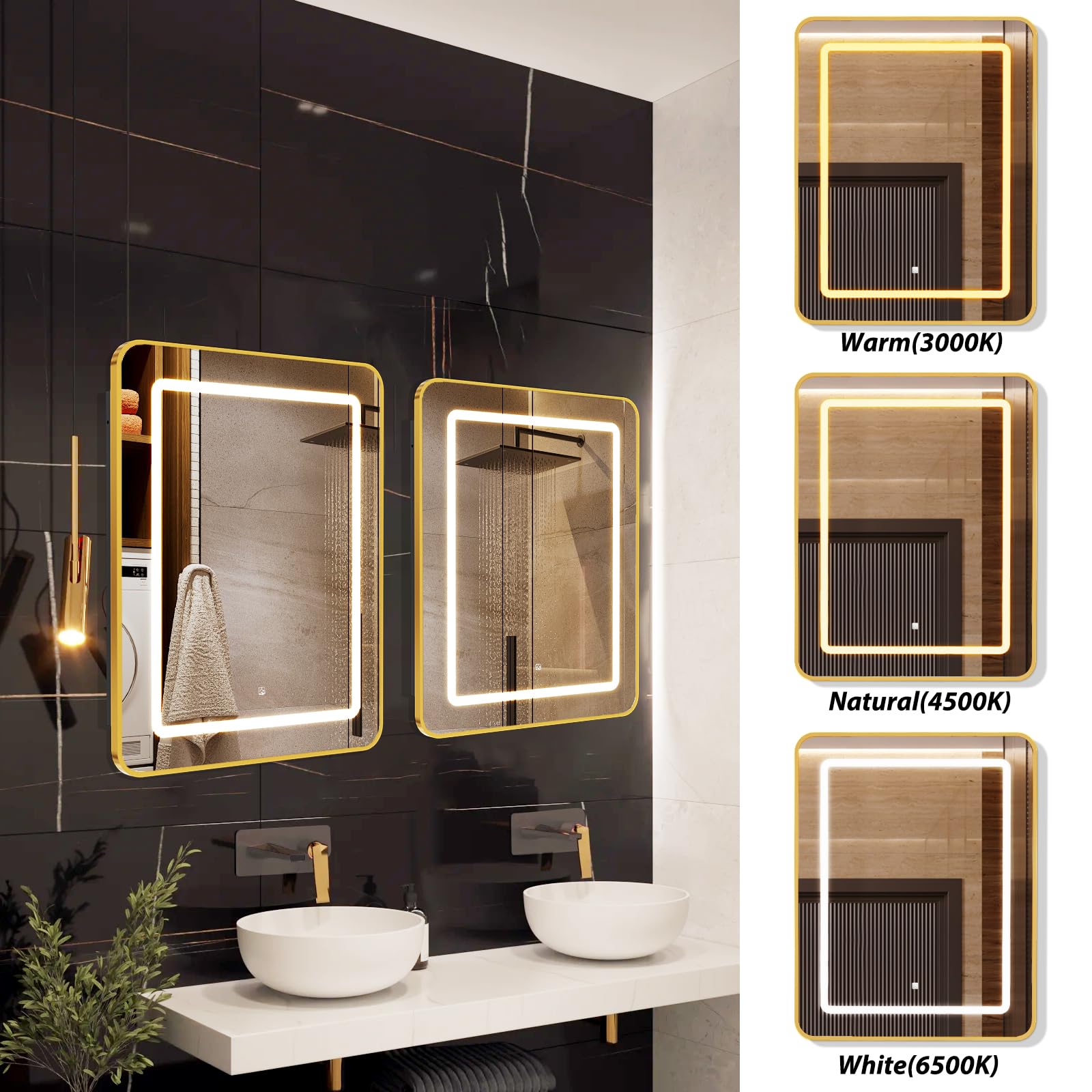APRILSOUL 24x30 Inch Gold Bathroom Medicine Cabinet with Mirror - Recessed/Surface Mount LED Mirror Cabinet with Adjustable Color Temperature (3000K/4000K/6000K) & Dimmable Lighting - Perfect for Modern Bathrooms, Vanities, and Makeup Areas