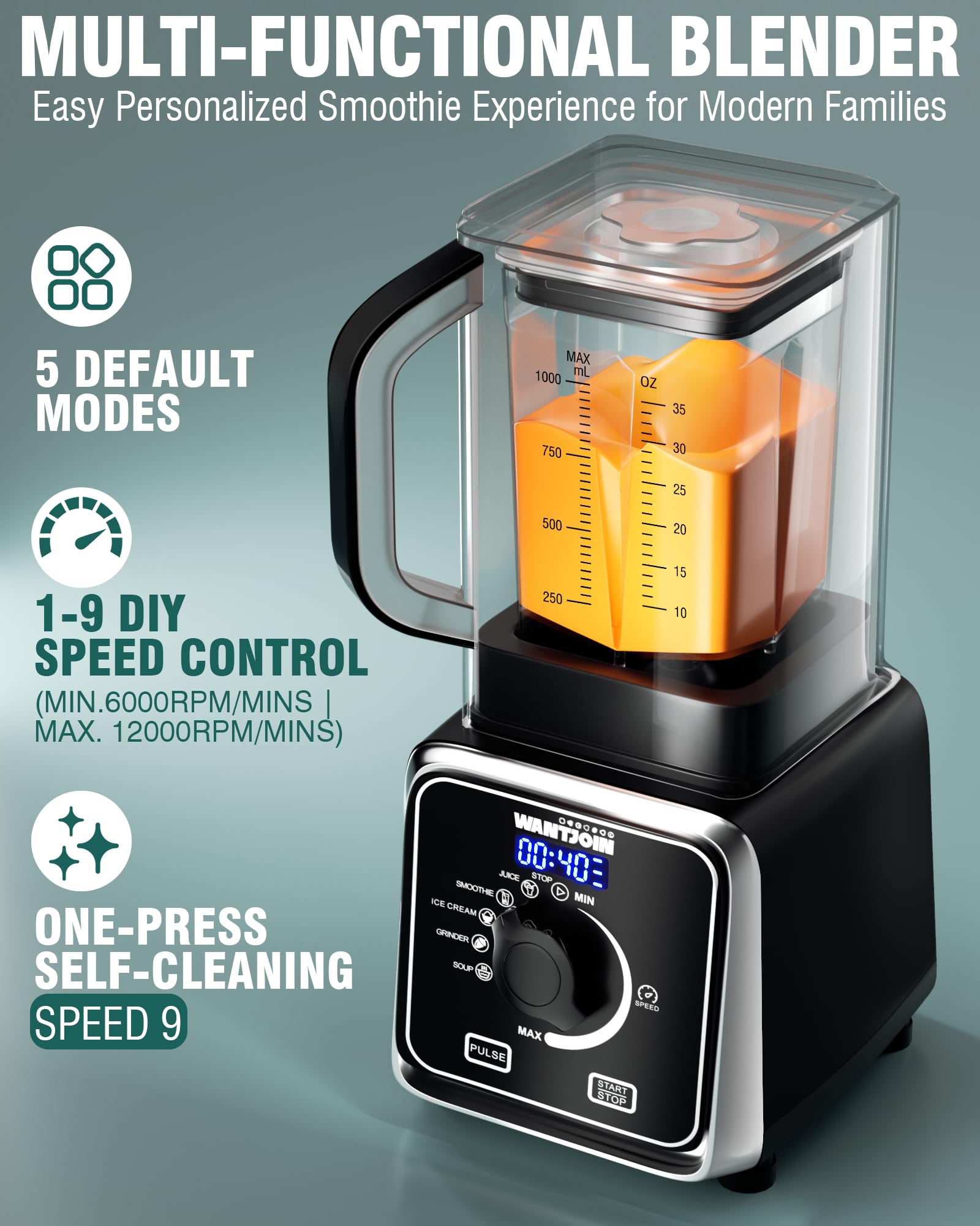 WantJoin Professional Blender for Kitchen - 9-Speed Quiet Blender with Sound Shield, 5 Functions & Easy Cleaning, 34oz/1L Capacity for Smoothies, Milkshakes, Juices - Perfect for Home, Gym & Healthy Lifestyle