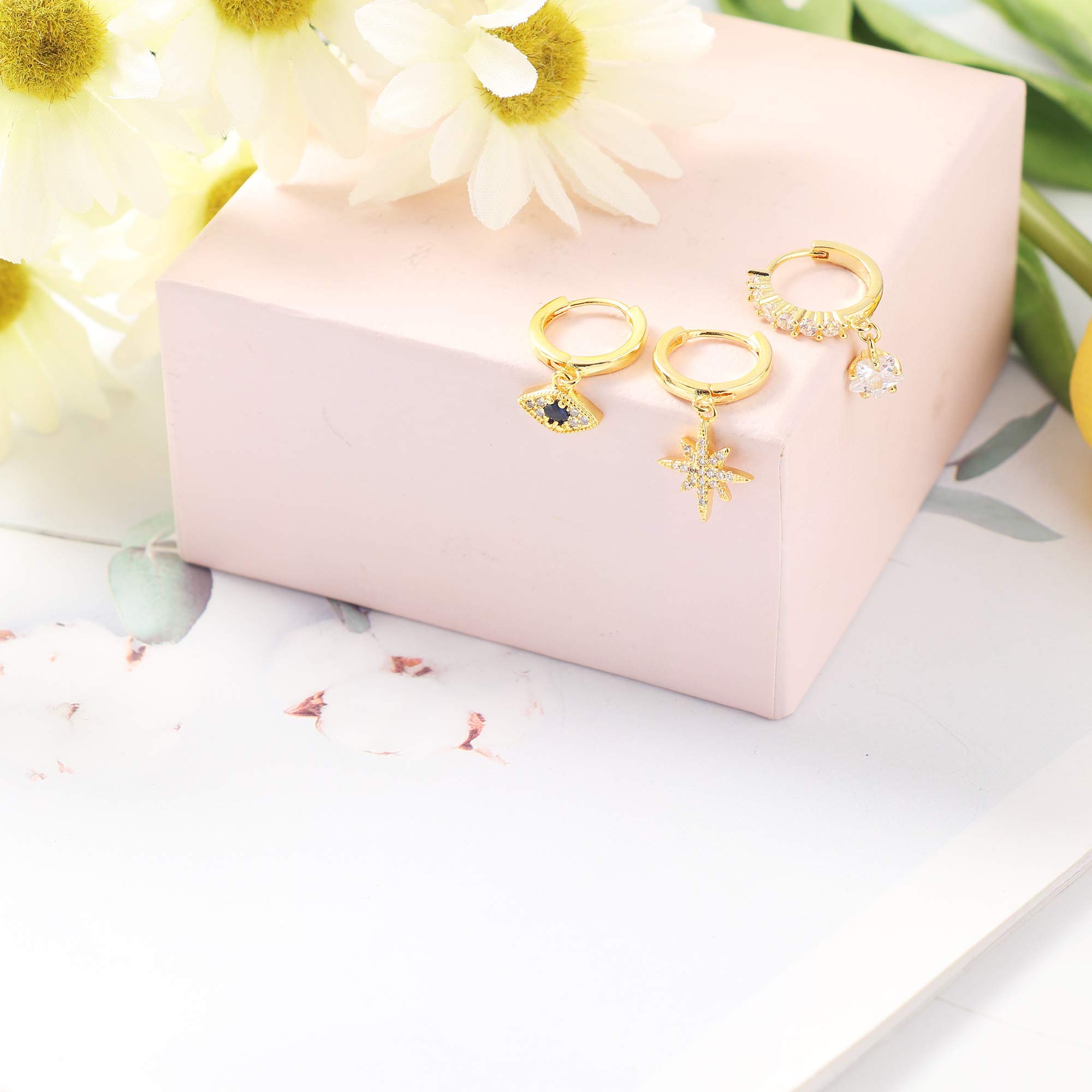 6 Pairs Small Evil Eye Moon Star Dangle Hoop Earrings for Women - Silver & Rose Gold CZ Drop Huggie Earrings Jewelry Set | Perfect for Everyday Wear, Parties & Gifts