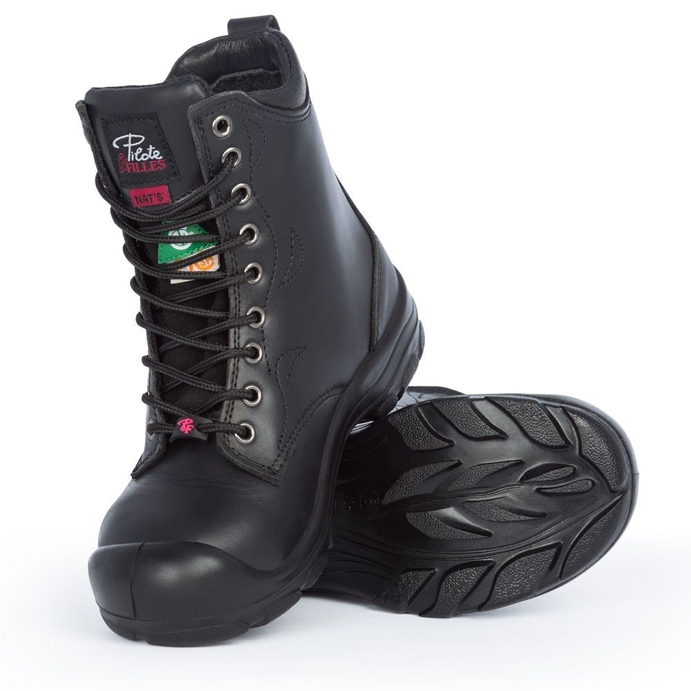 P&F S552 Women's 8 Steel Toe Leather Work Boots - Black Safety Shoes for Construction, Warehouse & Outdoor Work