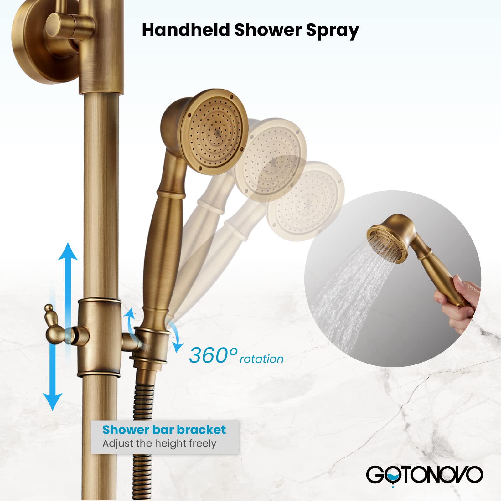 Gotonovo Antique Brass Shower Faucet Set - 8 Inch Rainfall Shower Head with Matching Single Handle Bathroom Sink Faucet - Deck Mount Single Hole Vessel Sink Faucet - Perfect for Vintage Style Bathroom Renovations and Modern Home Upgrades