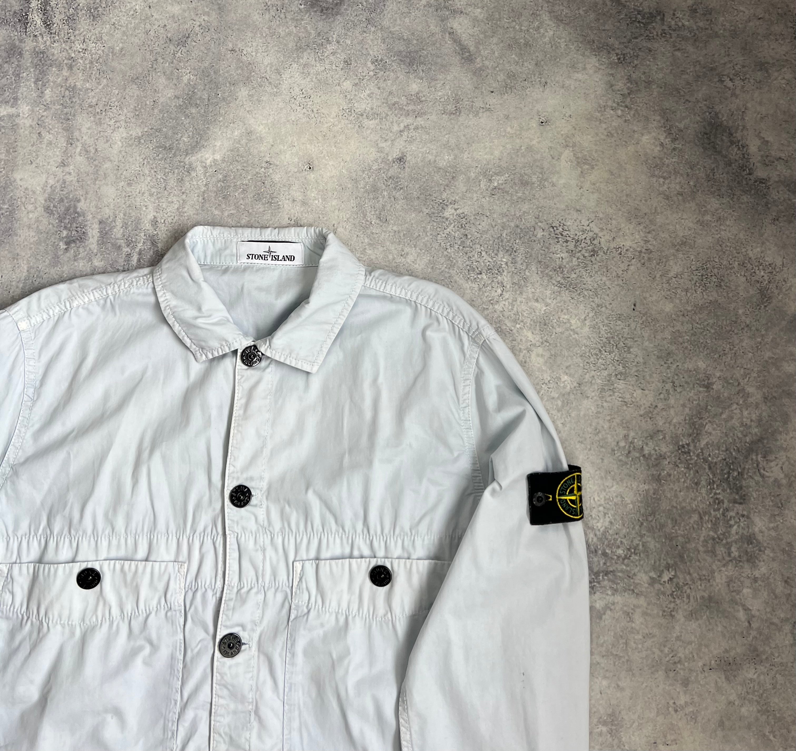 Stone Island 2021 Baby Blue Canvas Button-Up Overshirt for Men - Lightweight Casual Shirt for Spring & Summer Outdoor Wear