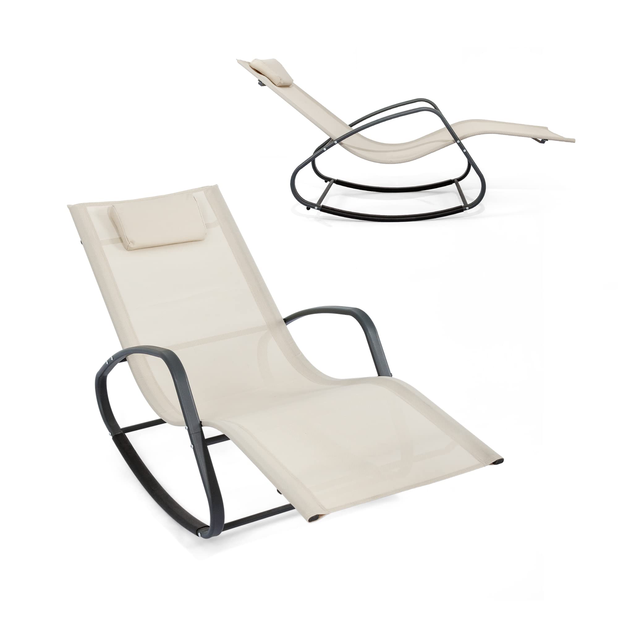 WeCooper Zero Gravity Rocking Lounge Chair - Adjustable Patio Chaise for Indoor & Outdoor Use, Comfortable Wavy Design with Removable Headrest (Beige) - Perfect for Backyard Relaxation, Poolside Lounging & Sunbathing