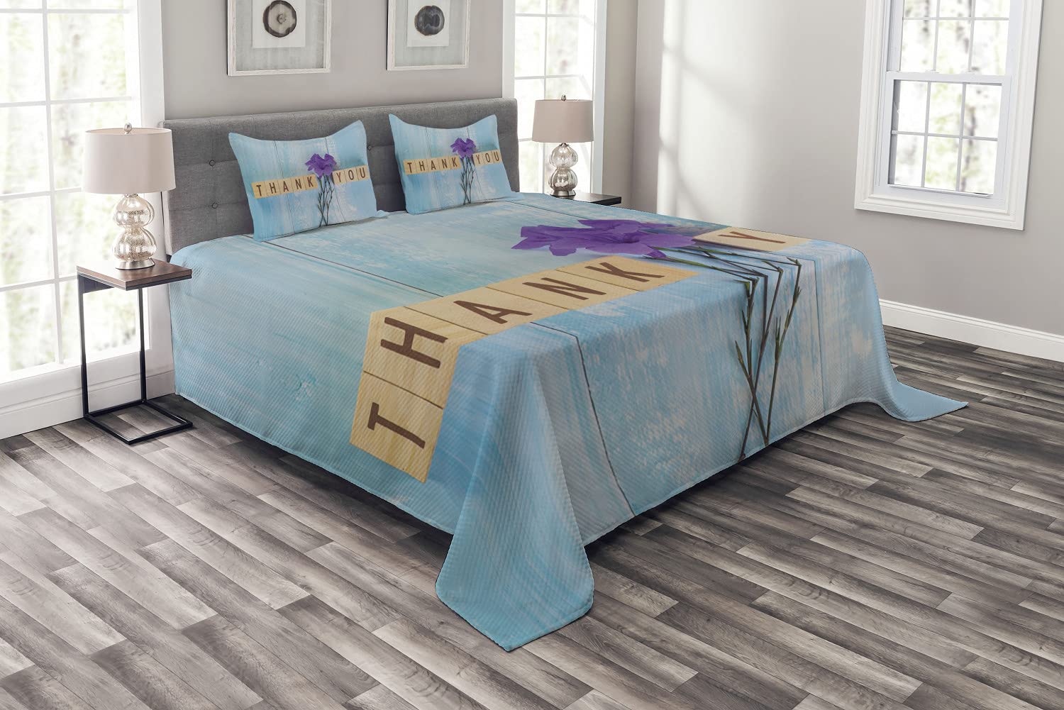 Ambesonne Gratitude Bedspread Set - King Size 3-Piece Quilted Coverlet with 2 Pillow Shams, Wooden Cube Lettering & Iris Floral Design in Pale Blue, Purple & Camel | Bedroom Decor, Guest Room, Cozy Home Aesthetic