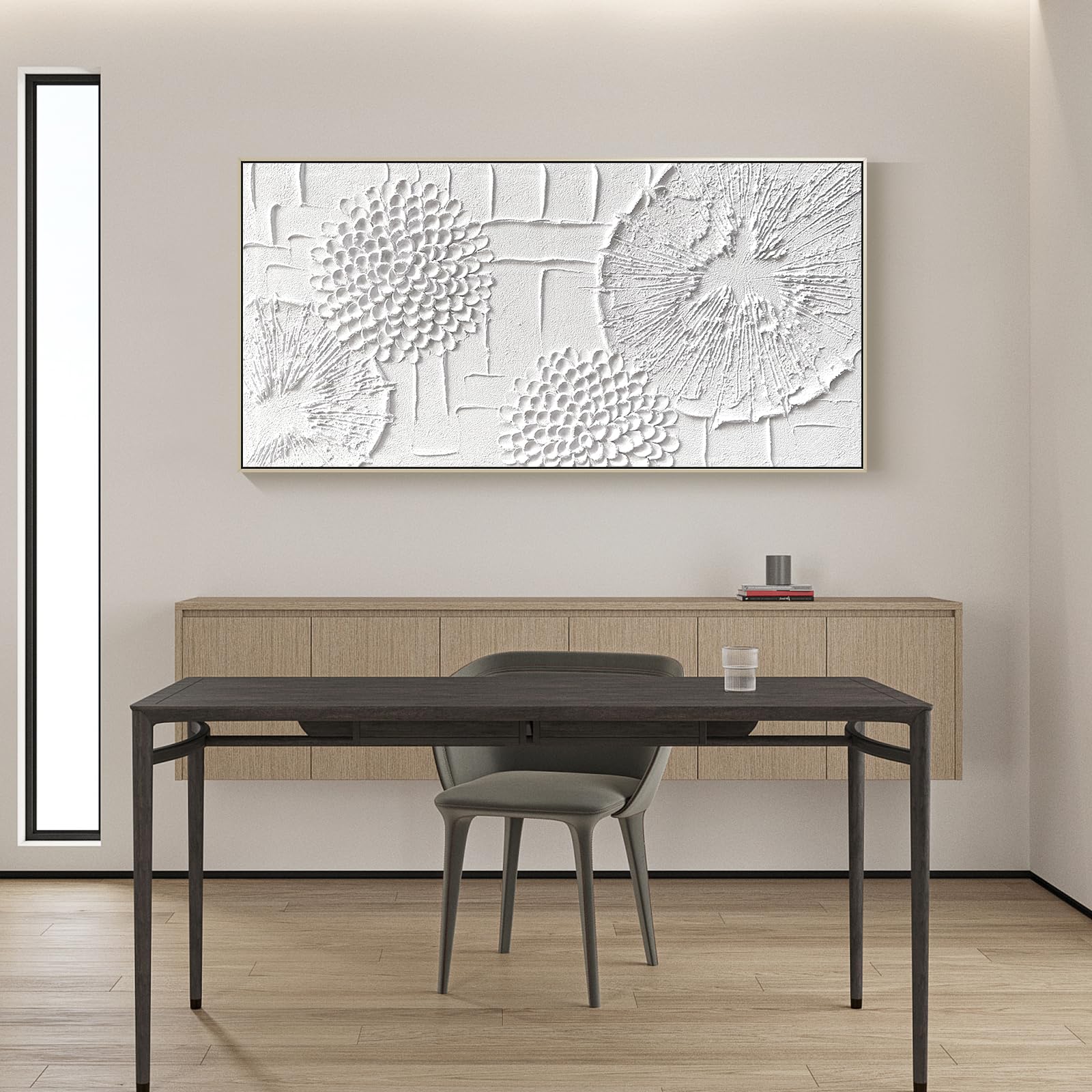 Large White Textured Canvas Wall Art - Hand Painted 3D Dandelion Oil Painting Wabi Sabi Minimalist Gold Framed Artwork (48x24 Inches) - Perfect for Living Room, Bedroom & Office Wall Decor | Modern Boho Home Aesthetic