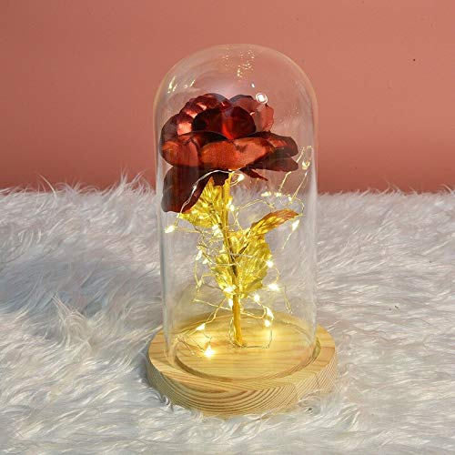 Artificial Dried Red Rose LED Lamp with Wooden Base & Glass Dome - 6 Color Changing Romantic Gift for Valentine's Day, Christmas, Home Decor, Wedding Centerpiece, and Bedroom Night Light