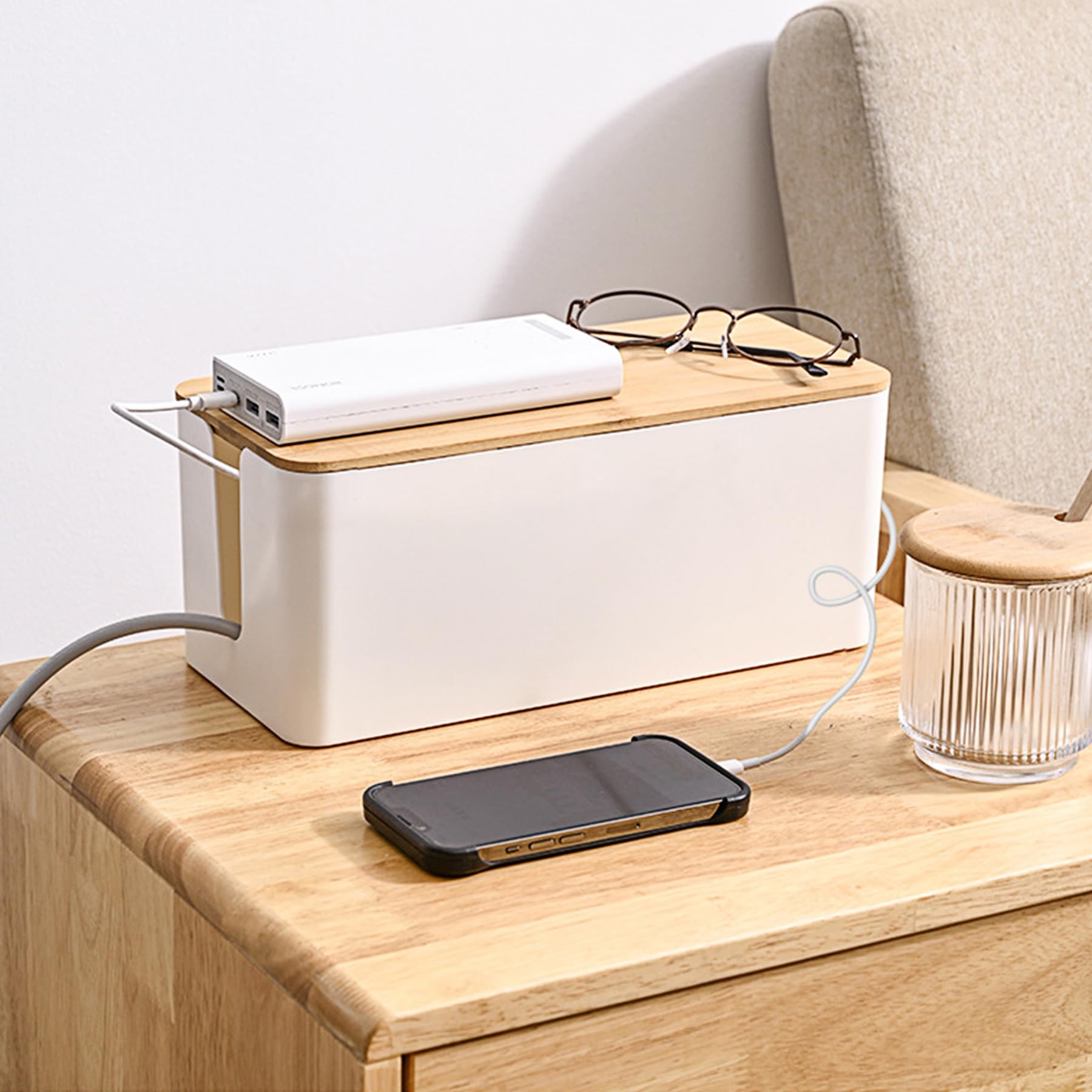 Large Cable Management Box with Locking Wood Lid - Organize Wires for Office & Home, Baby & Pet Proof (White, 1 Pack) - Perfect for Desk, TV Stand & Entertainment Center Cable Organization