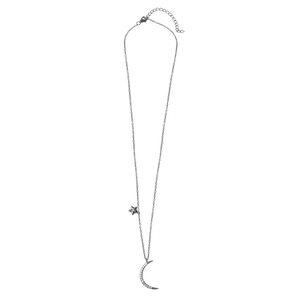 Closeout Sale - Cubic Zirconia Star & Moon Necklace in Rhodium Plated Sterling Silver - Perfect for Gift Giving, Parties & Everyday Wear