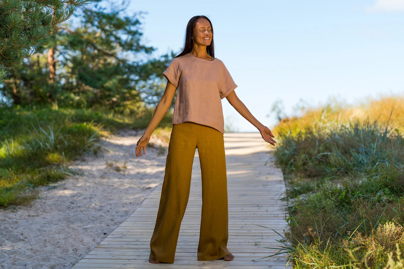 KLARA Linen Palazzo Pants for Women - Comfortable Wide Leg Trousers in Amber Yellow | Perfect for Summer, Beach, and Casual Wear