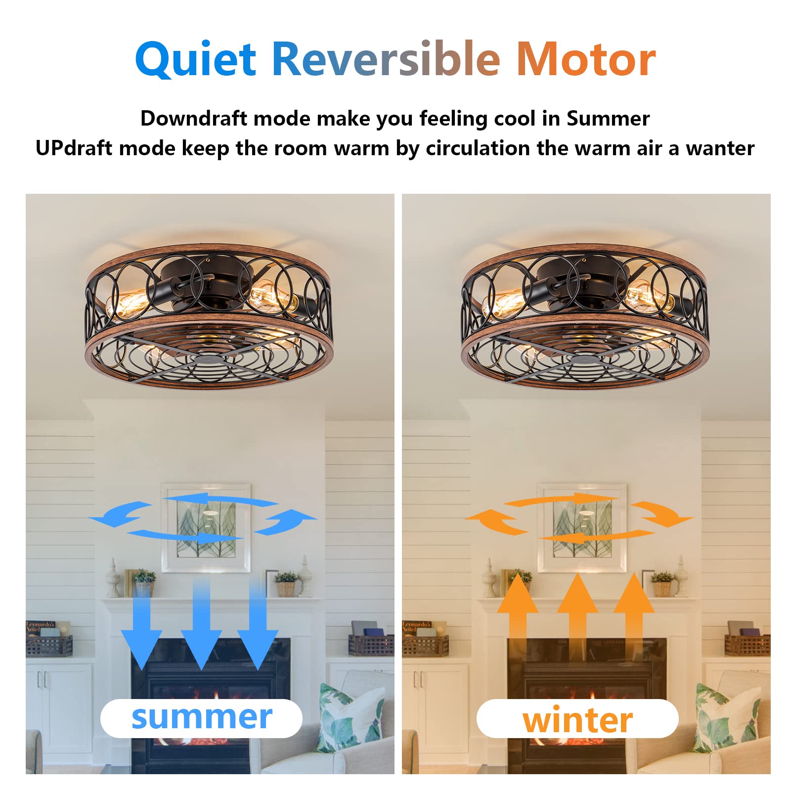 NORFOLK 20'' Bladeless Farmhouse Ceiling Fan with Lights & Remote Control - Low Profile Flush Mount Rustic Cage Lighting (E26 Bulb Base) - Perfect for Bedroom, Living Room, Kitchen, Patio & Outdoor Spaces