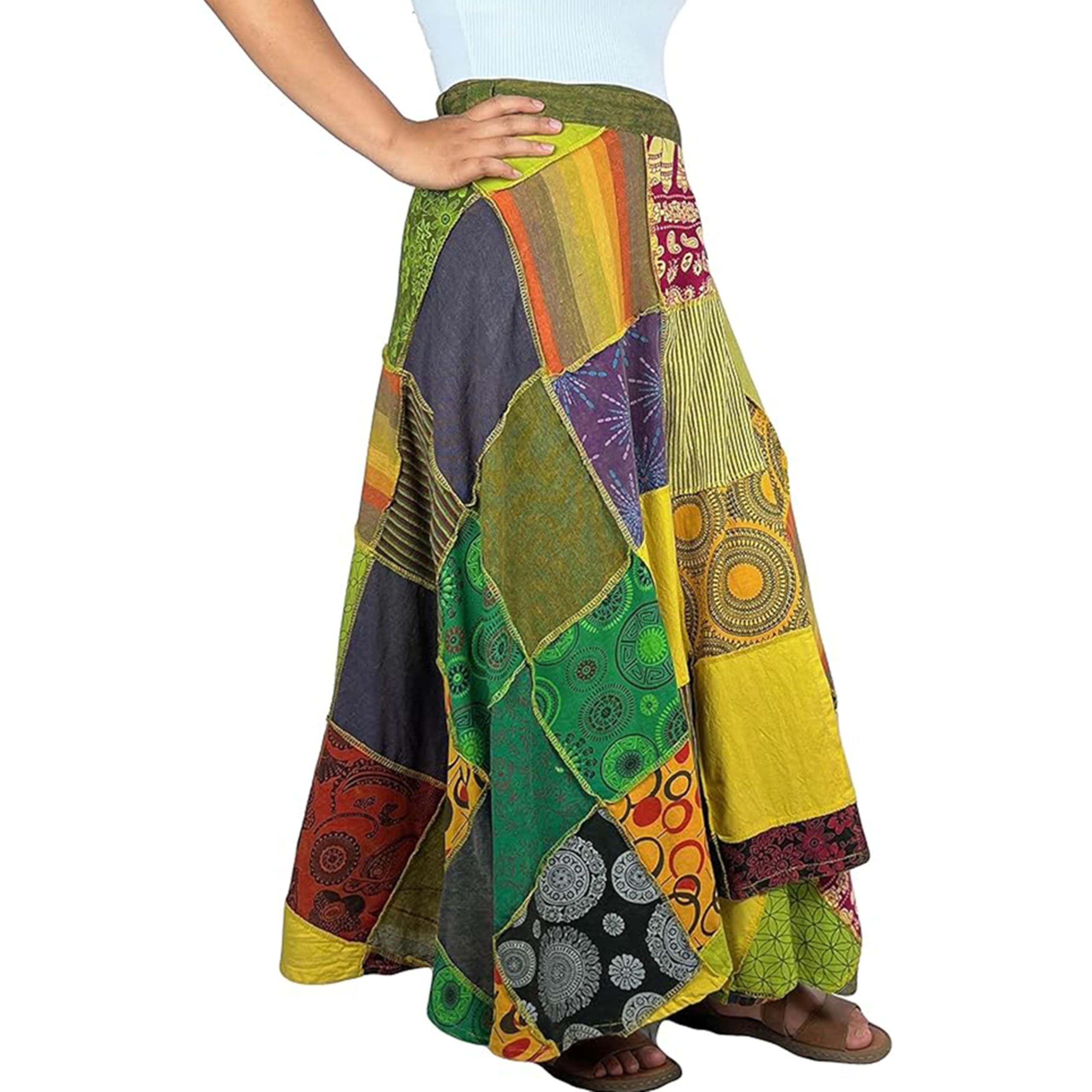 **Agan Traders Women's 2025 Spring & Fall Boho Maxi Skirt – High Waisted Long Skirt with Patchwork & Tie-Up Design | Perfect for Beach, Festival & Casual Wear**