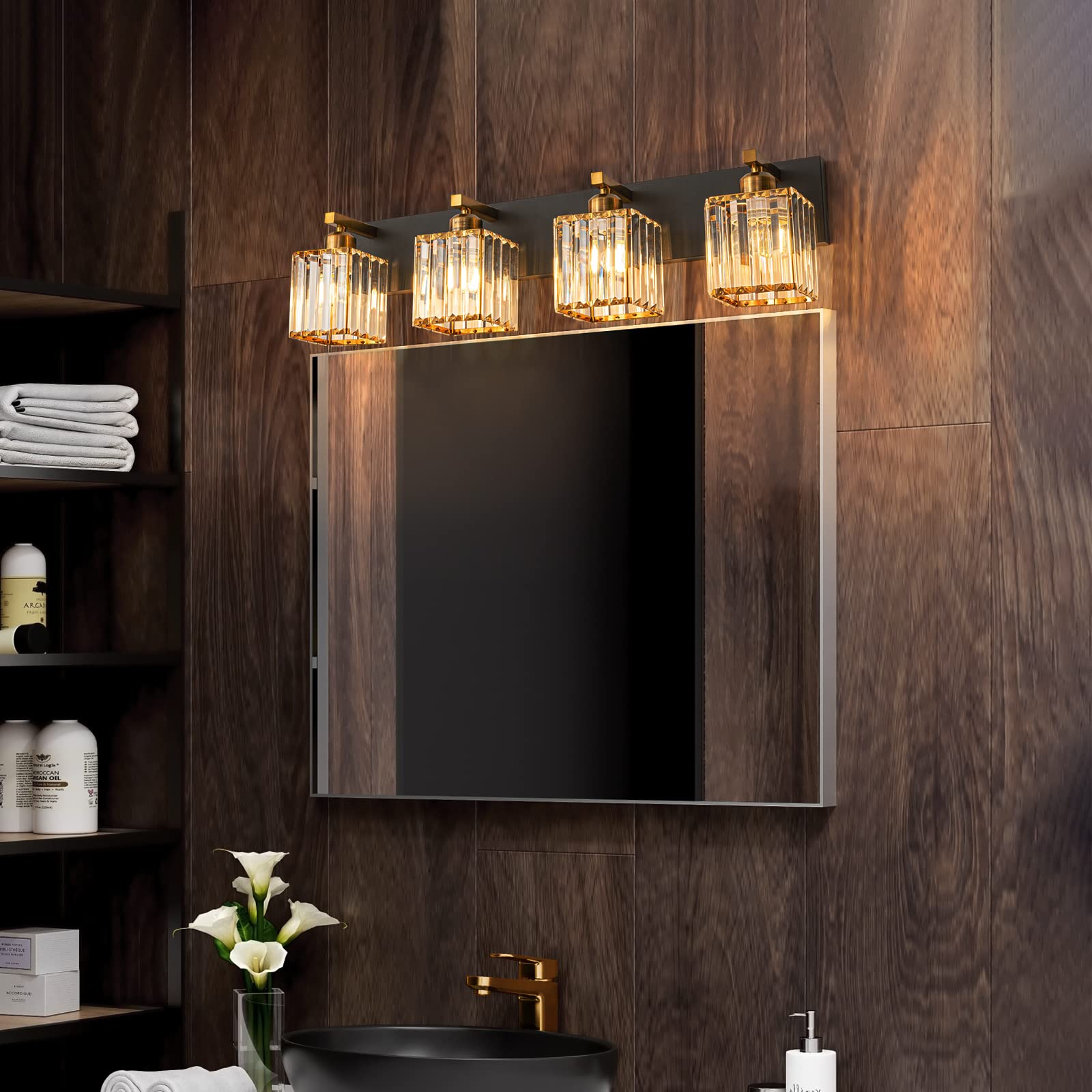 Modern Black Gold Crystal Bathroom Vanity Light - 4-Light Wall Sconce Fixture for Bathroom Mirror Lighting, Makeup Vanity, Dressing Room & Spa Decor